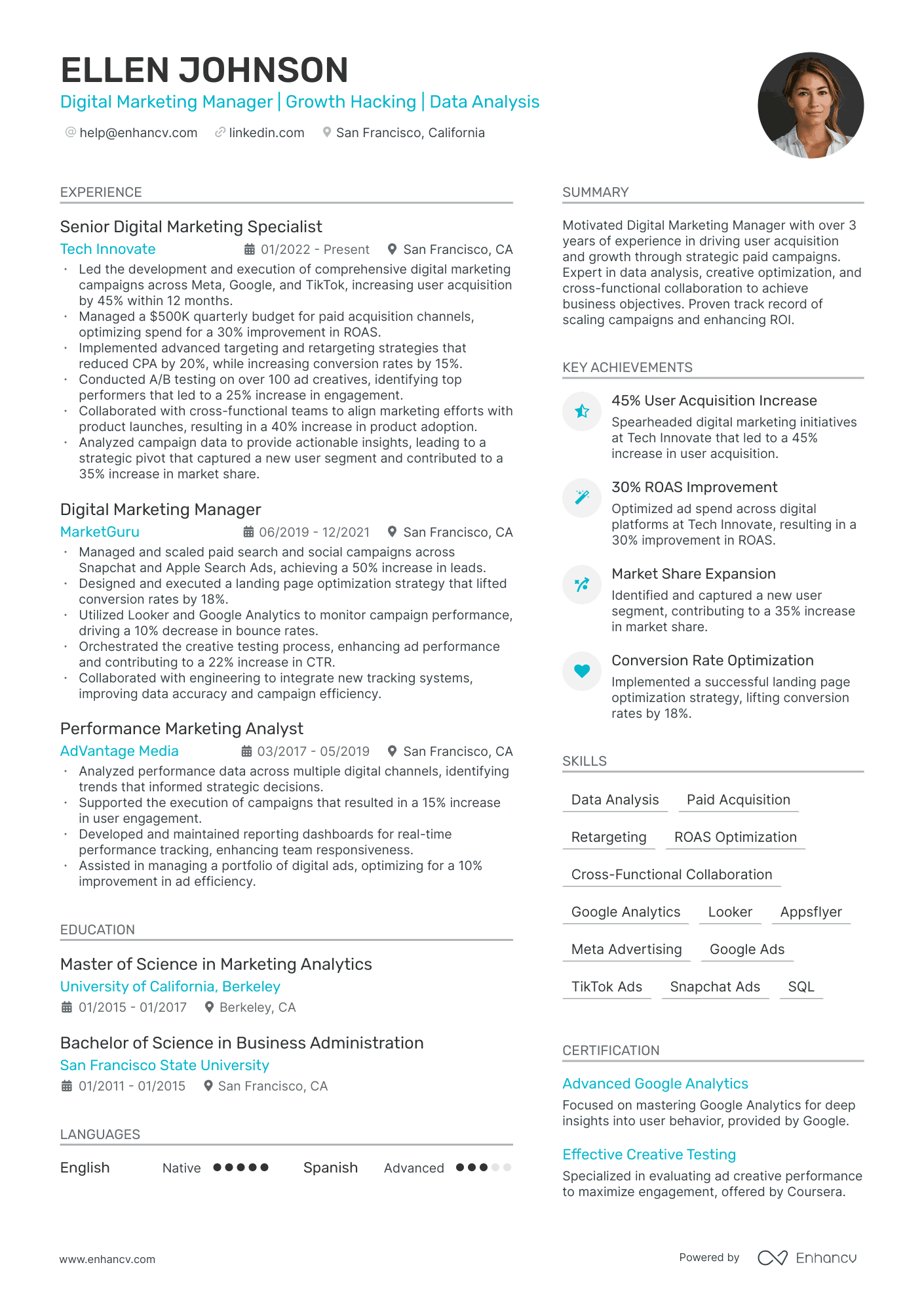 A resume with two columns and a photo in the resume header and aqua accent color. A long summary and an experience section in focus.