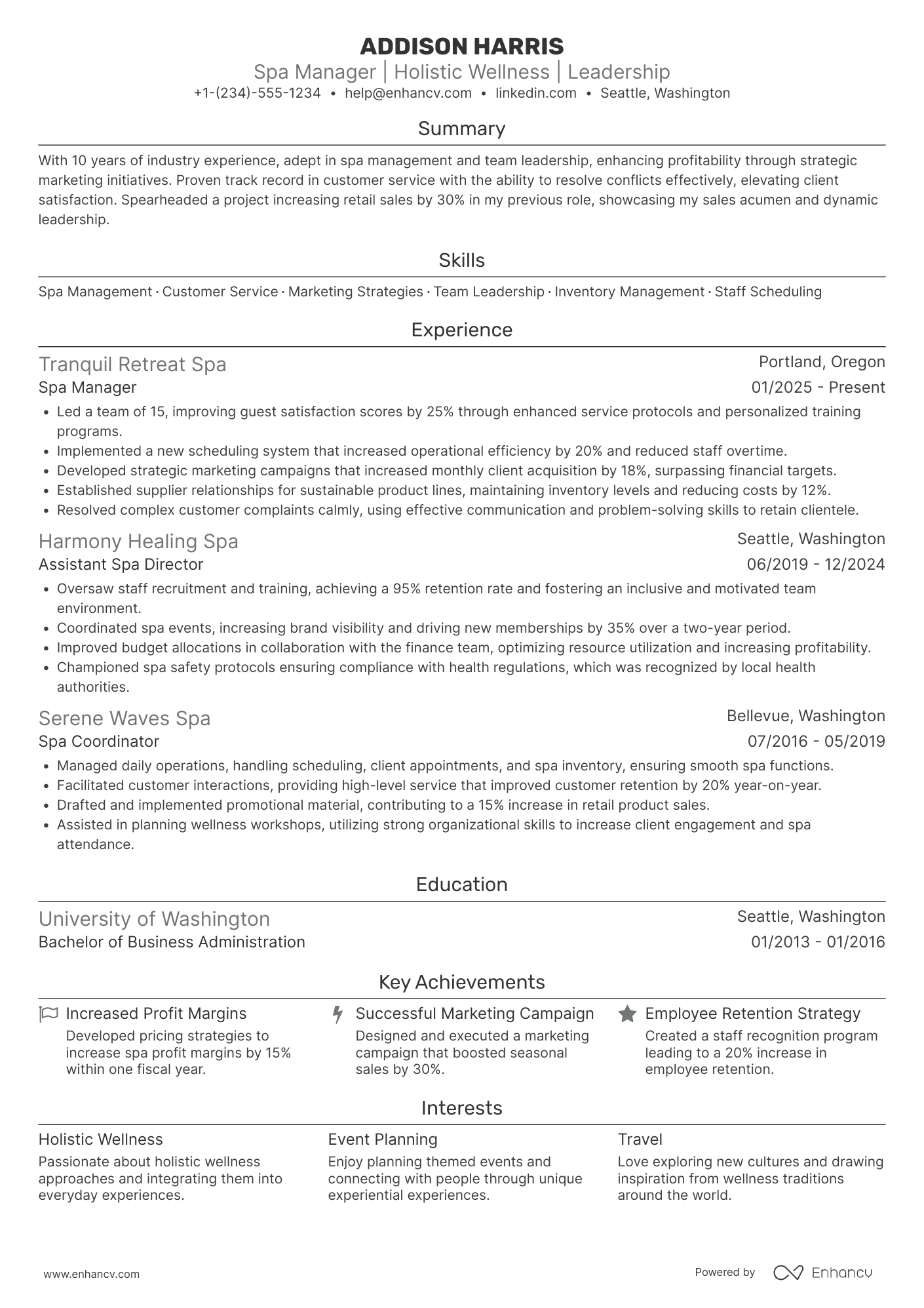 Spa Manager resume example