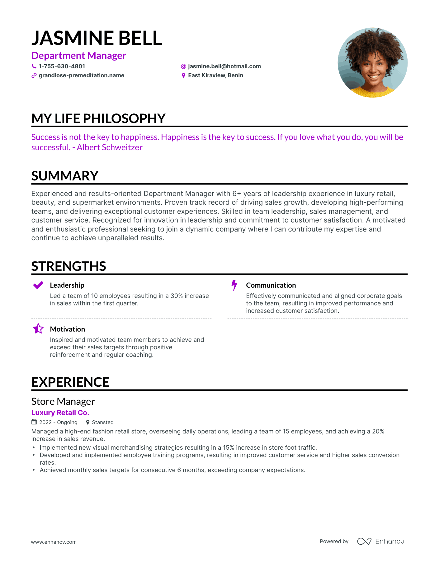 Creative Department Manager Resume Example