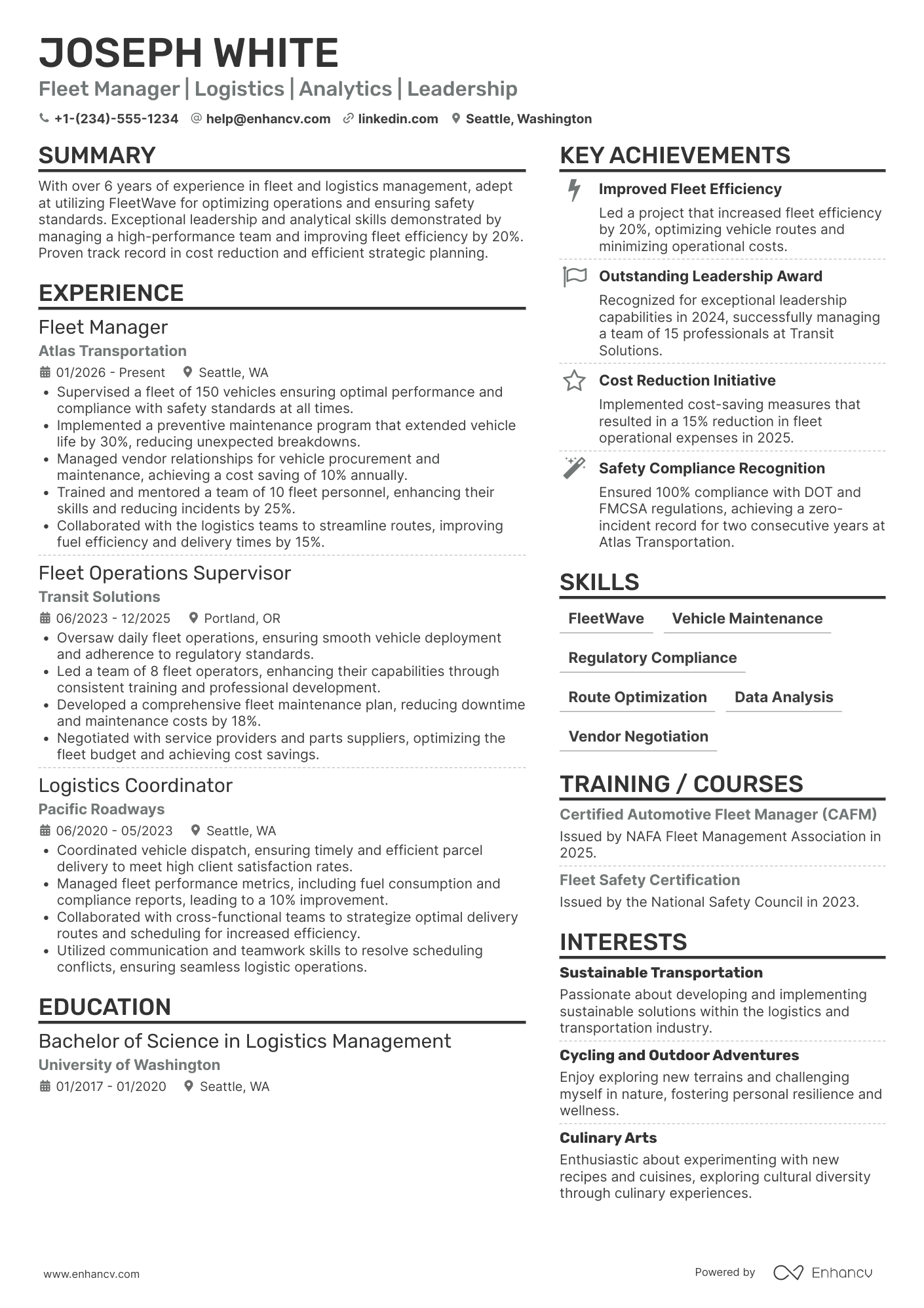 Fleet Manager resume example