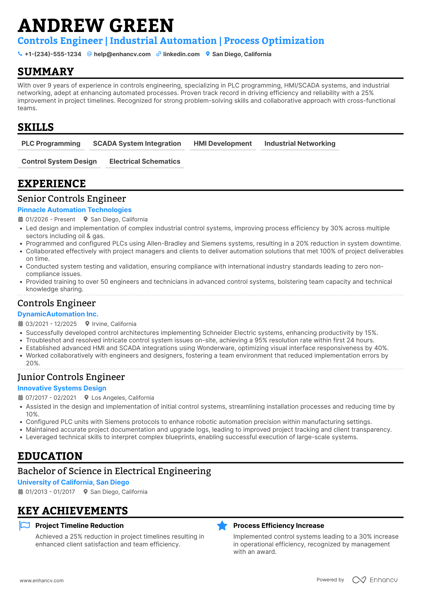 Controls Engineer resume example