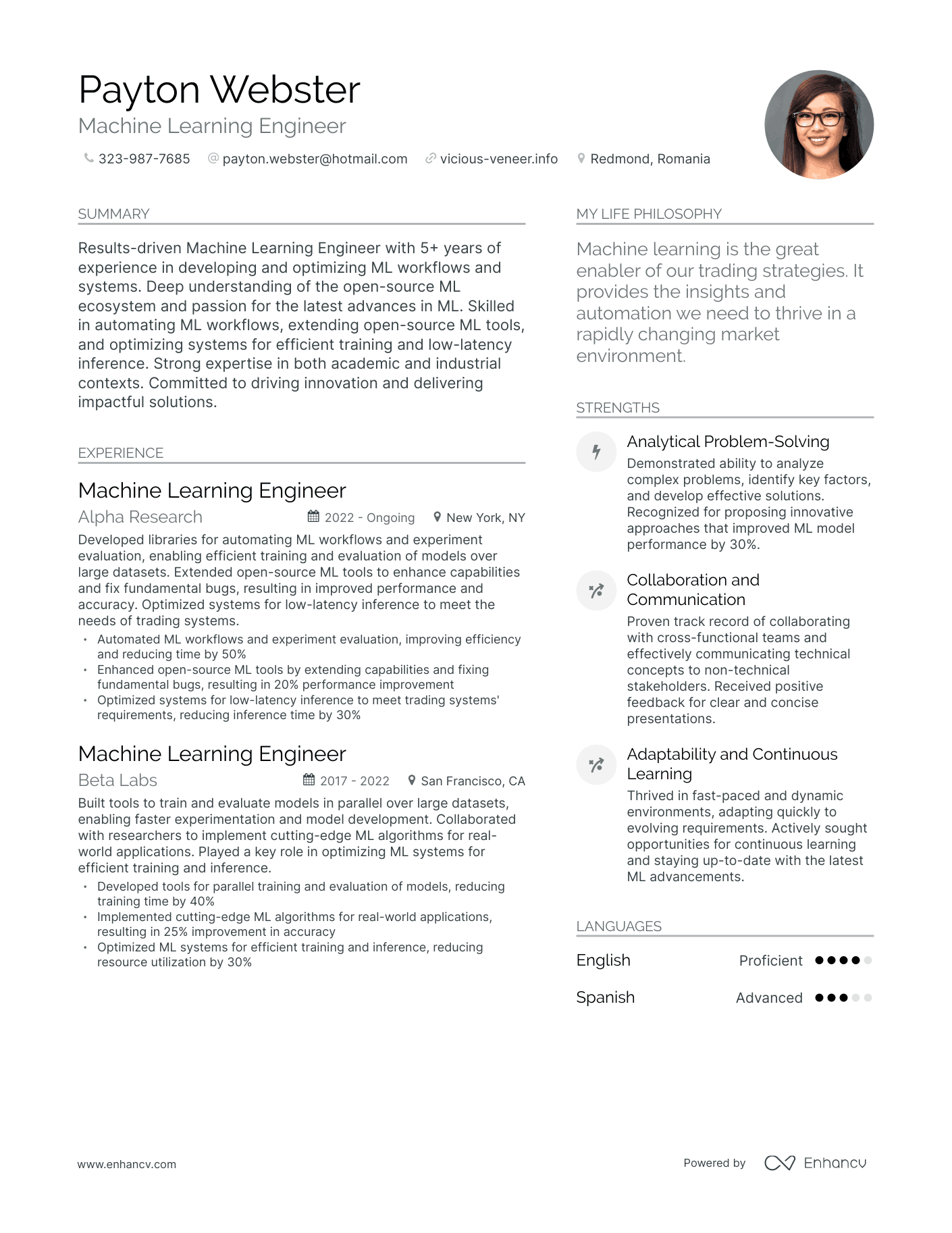 Machine Learning Engineer resume example