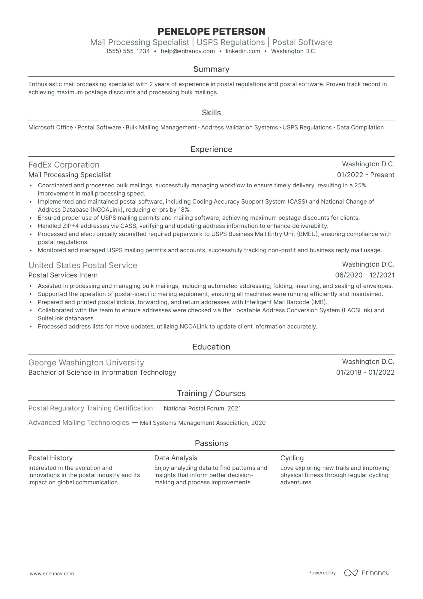 Senior Postal Service Coordinator resume example