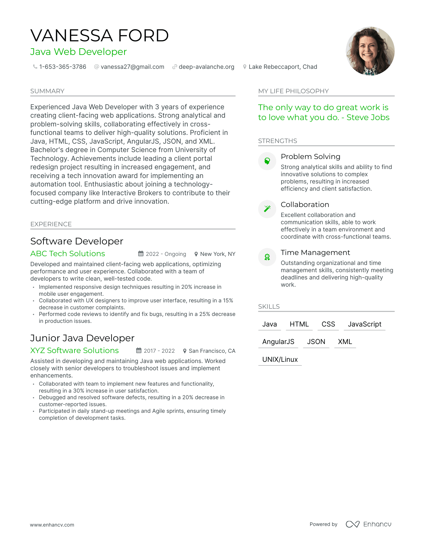 Java Web Developer resume example