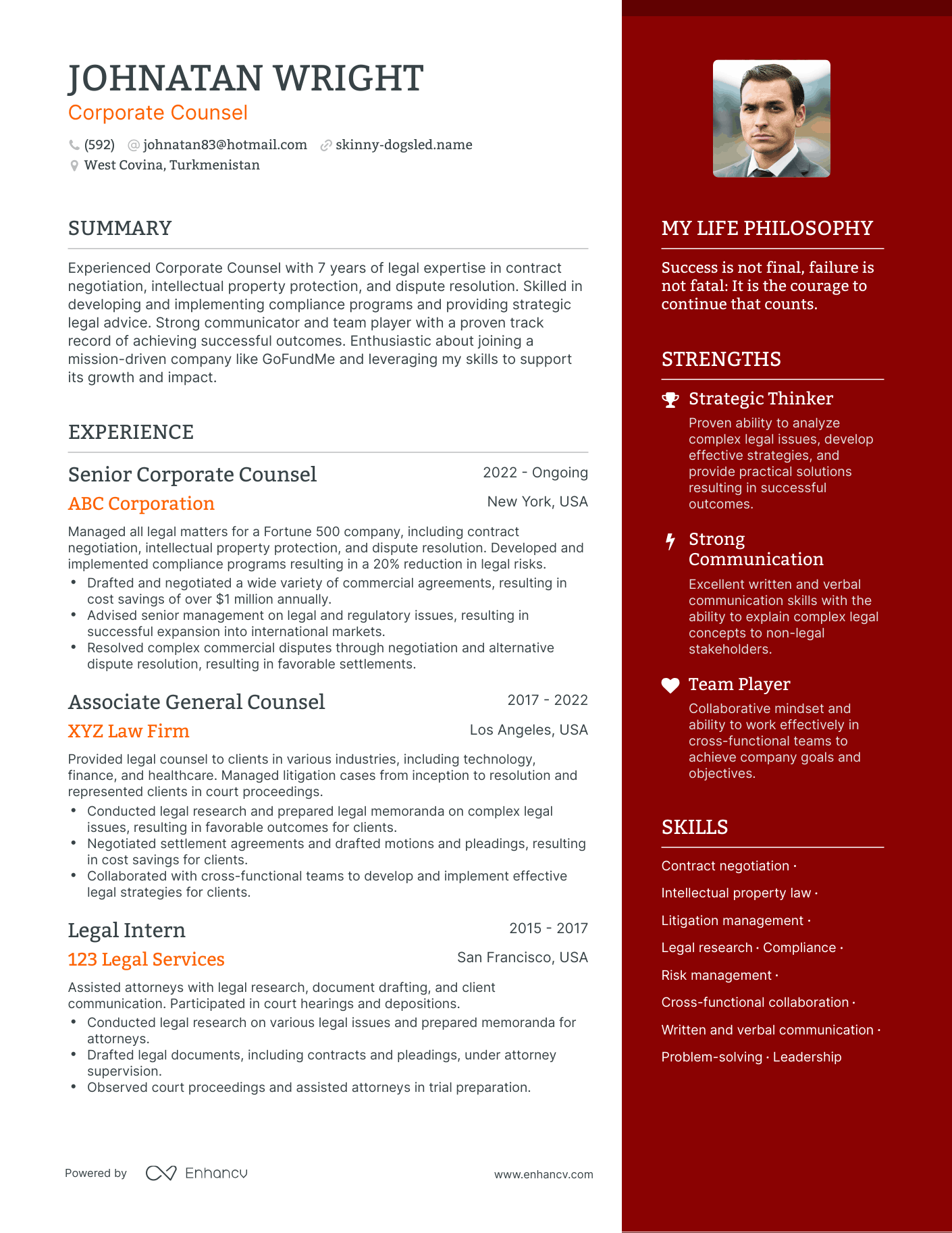 Corporate Counsel resume example