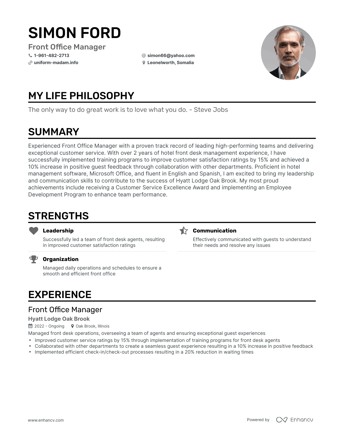 Creative Front Office Manager Resume Example