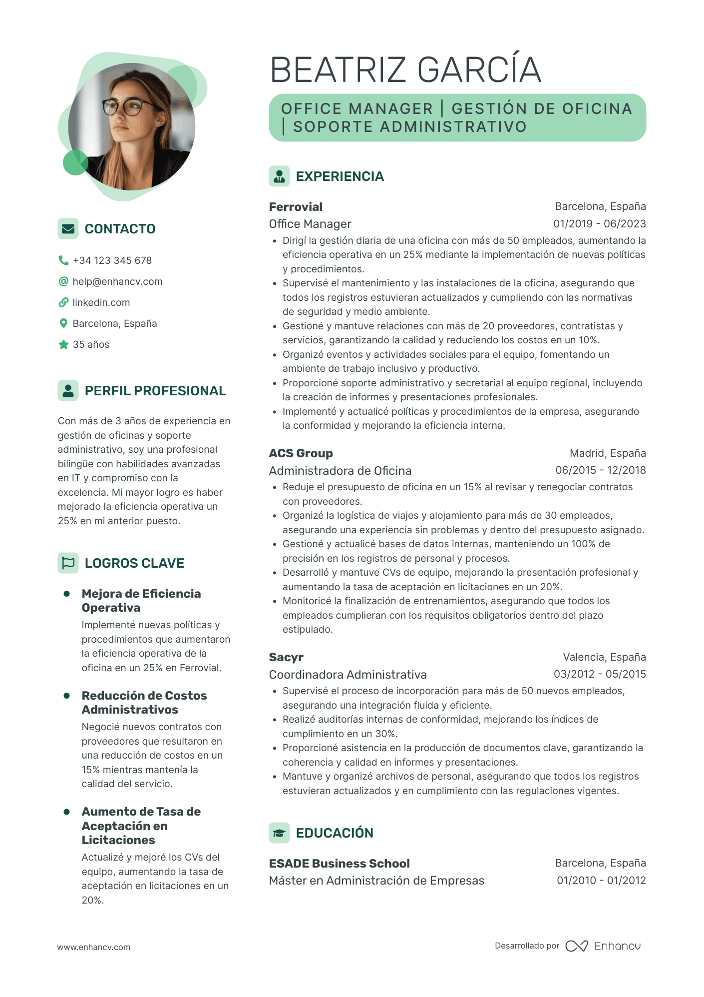 Plantilla de CV contemporáneo en verde