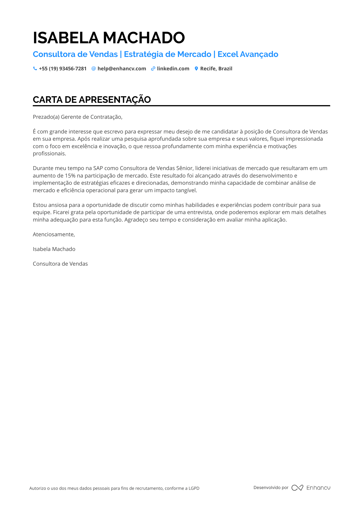 Consultor de Vendas Carta de apresentação
