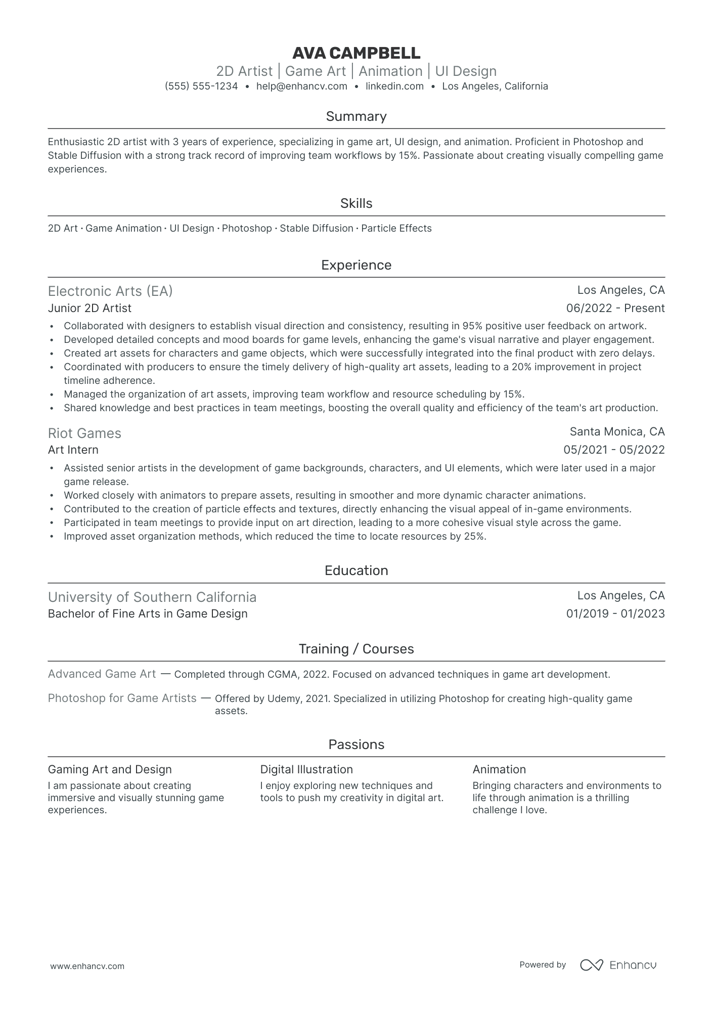 Senior Game Artist resume example