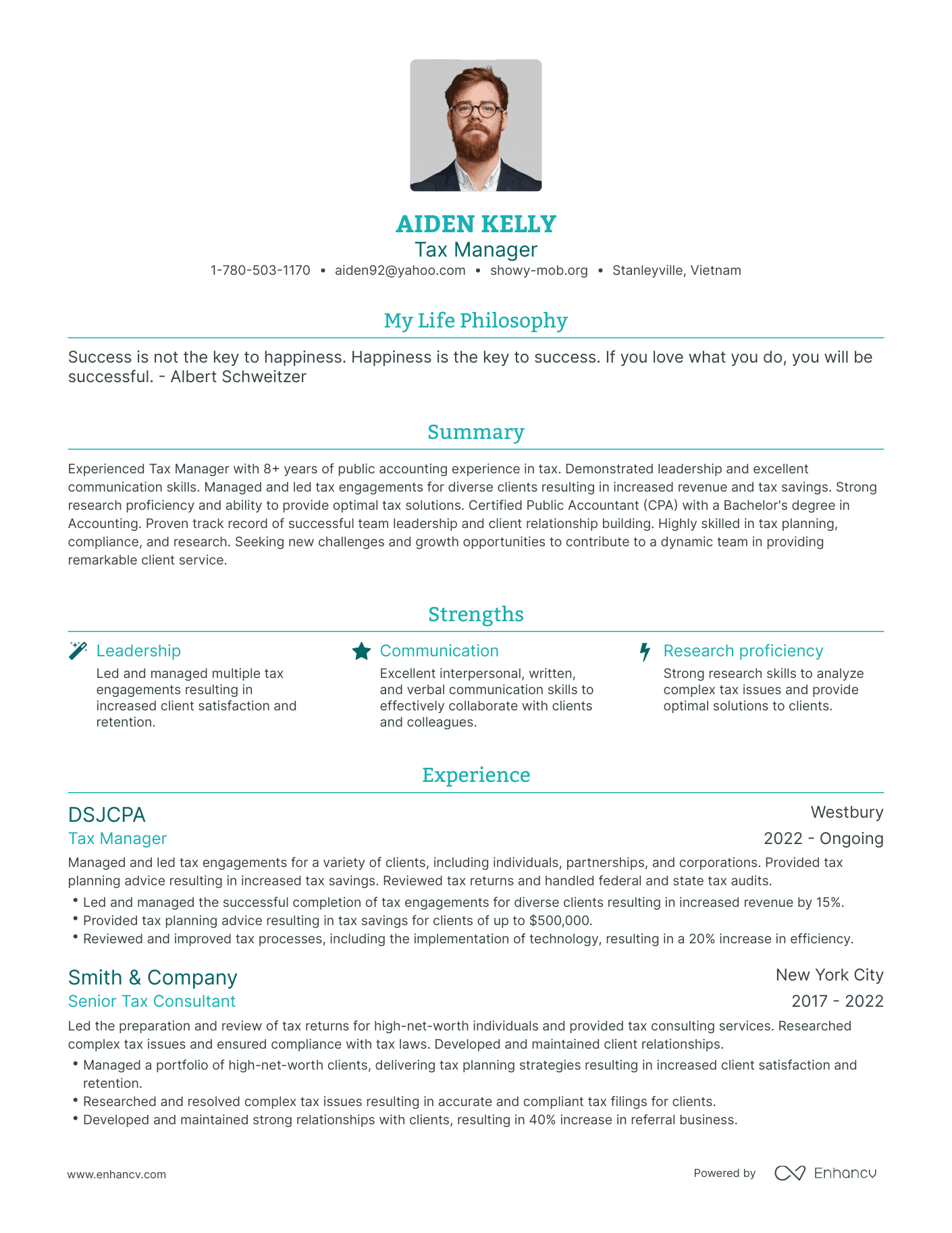 Modern Tax Manager Resume Example