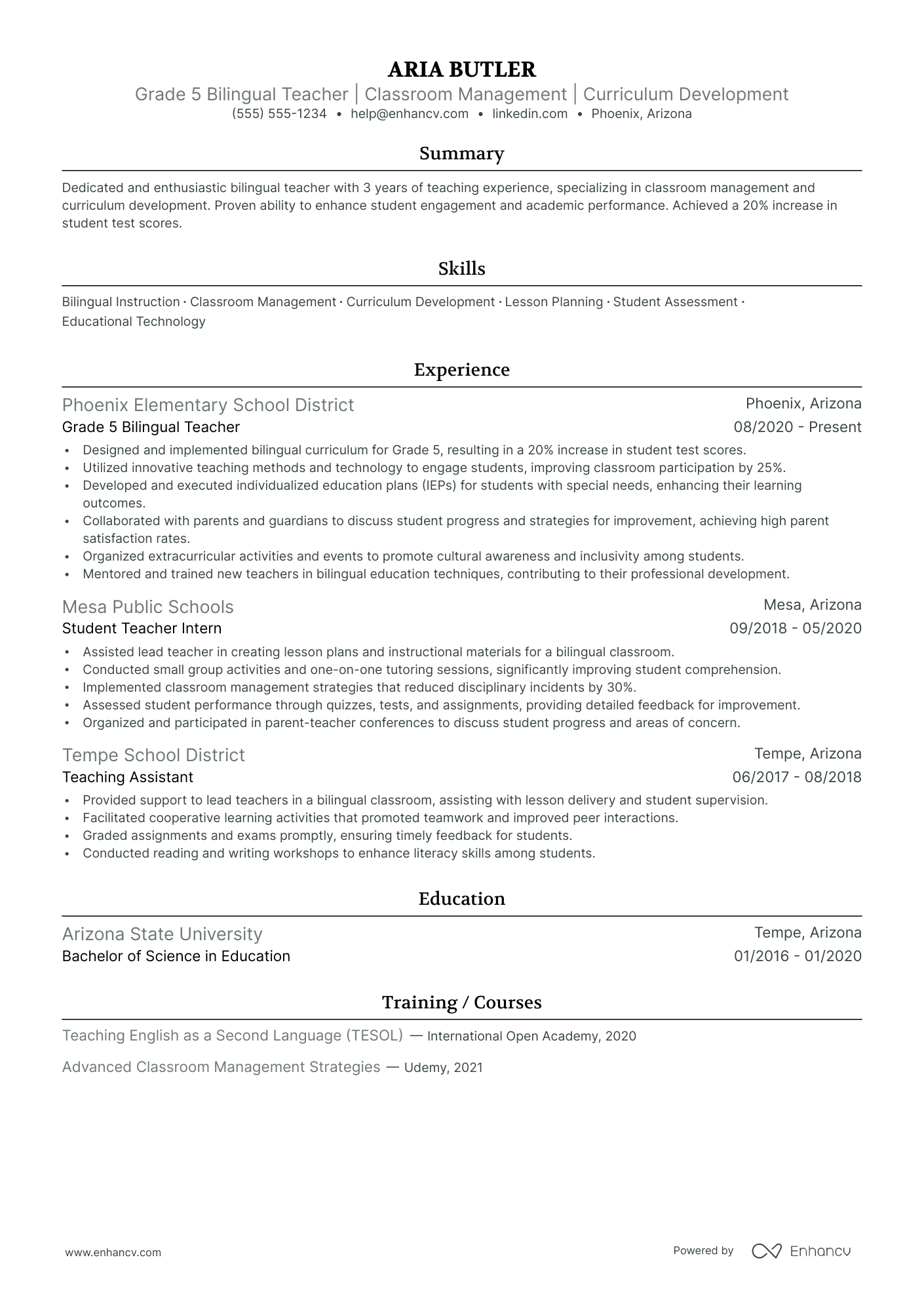 Bilingual Elementary Teacher resume example