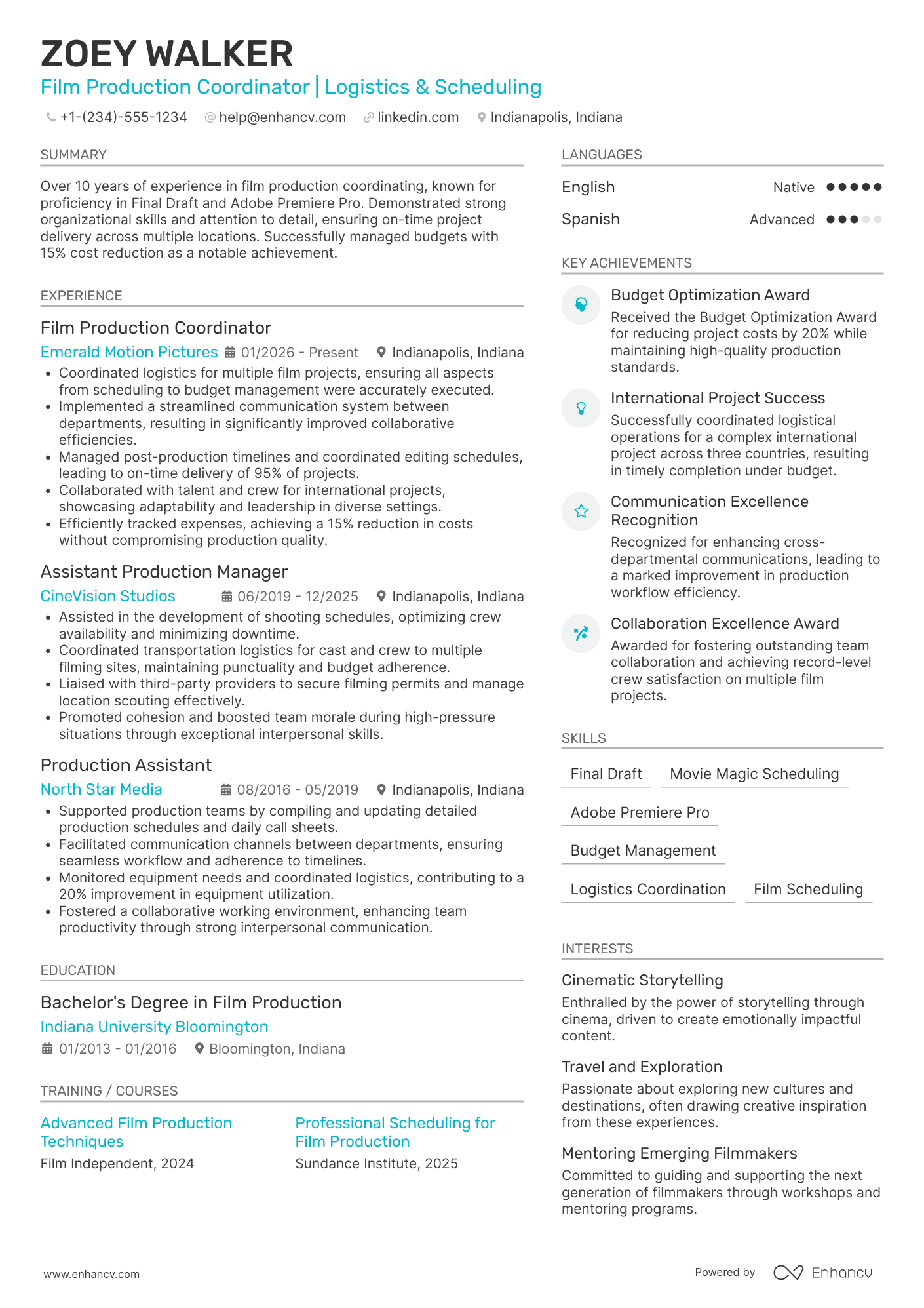 Film Production resume example