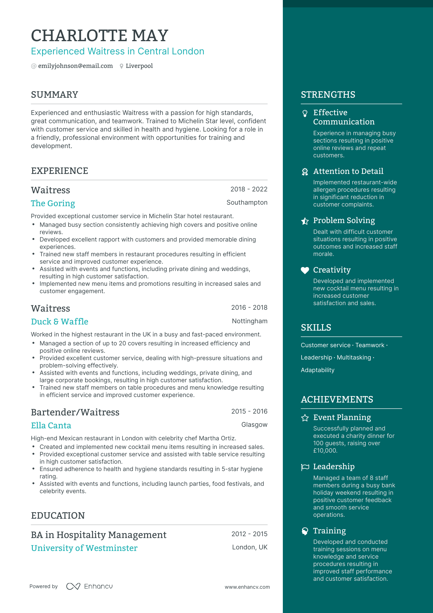 3 Waitress CV Examples for 2023