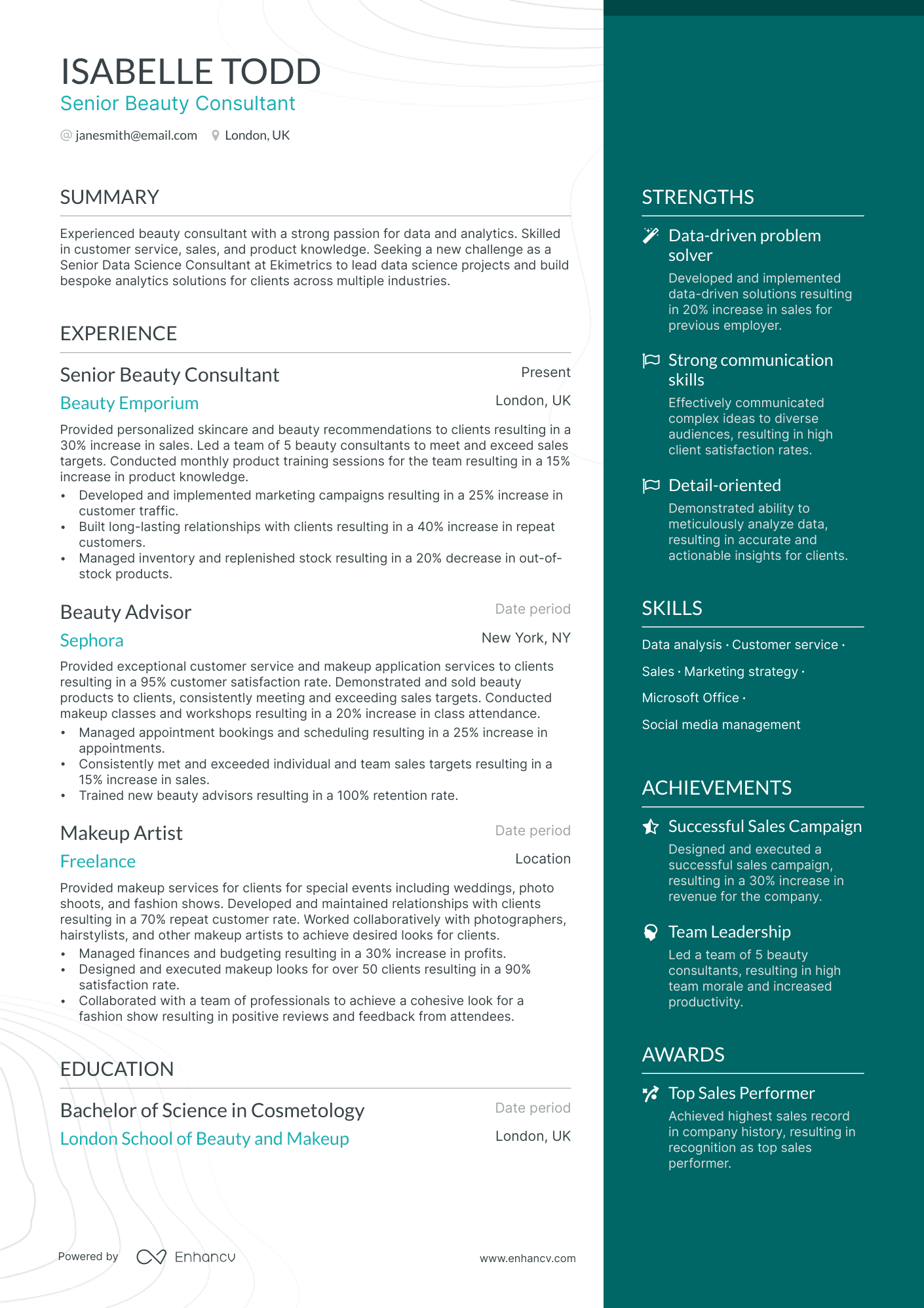 beauty consultant resume example