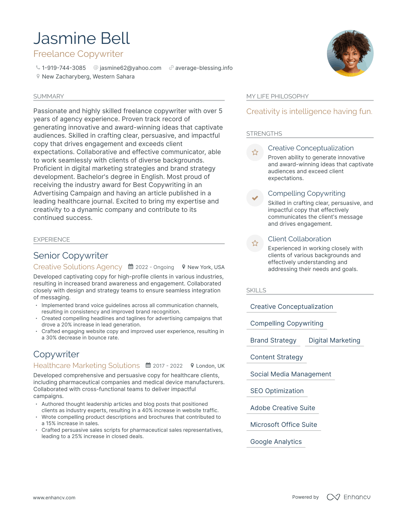 Freelance Copywriter resume example