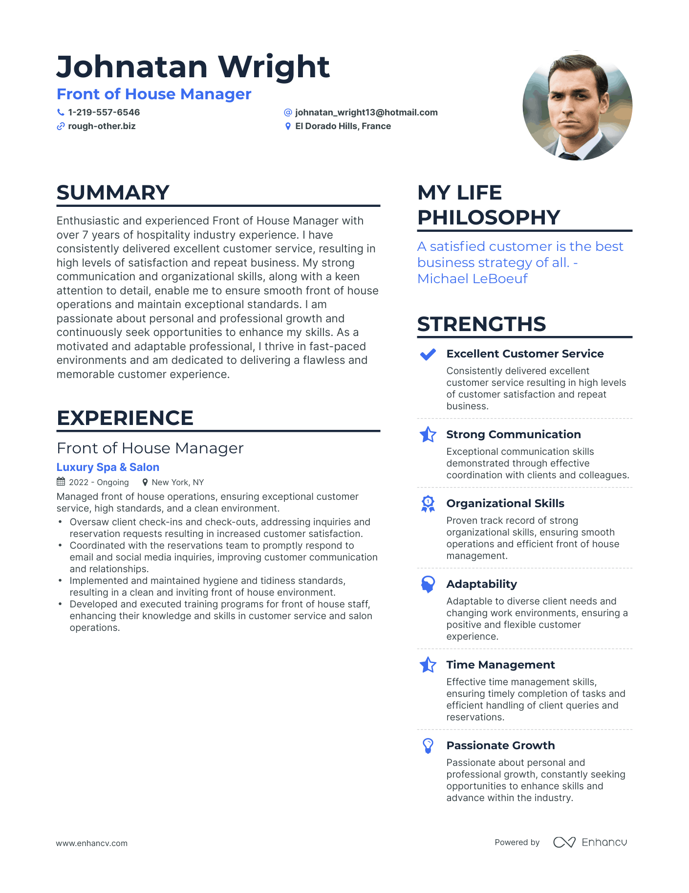 Modern Front of House Manager Resume Example