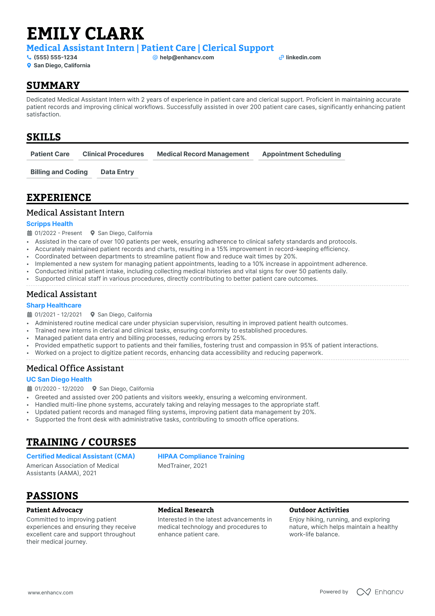 Medical Assistant Intern resume example