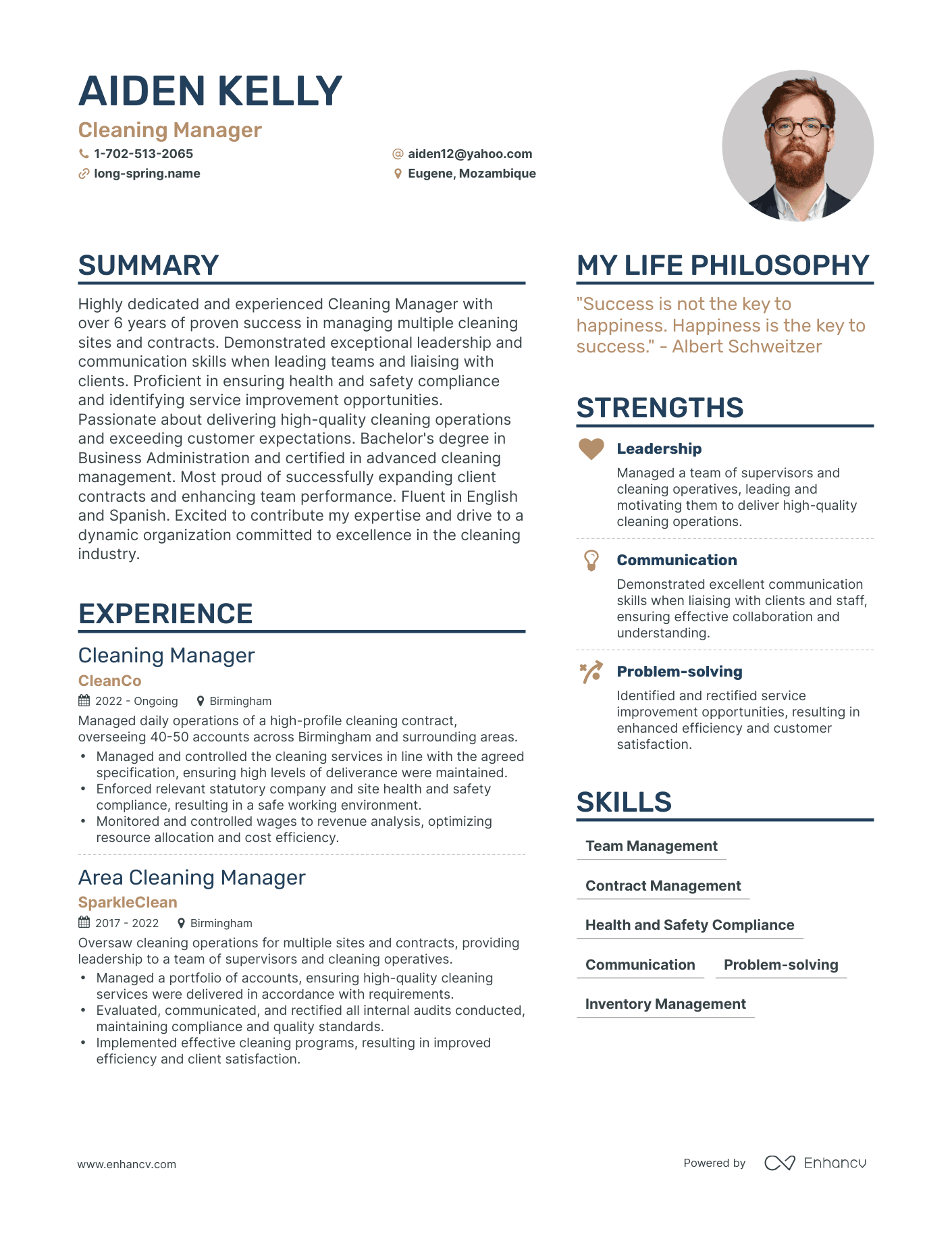 Cleaning Manager resume example