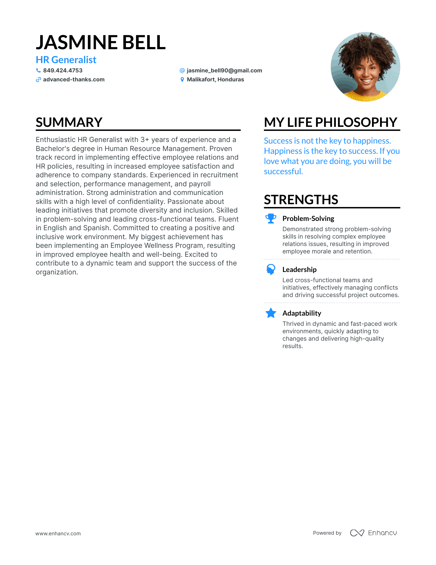 HR Generalist resume example