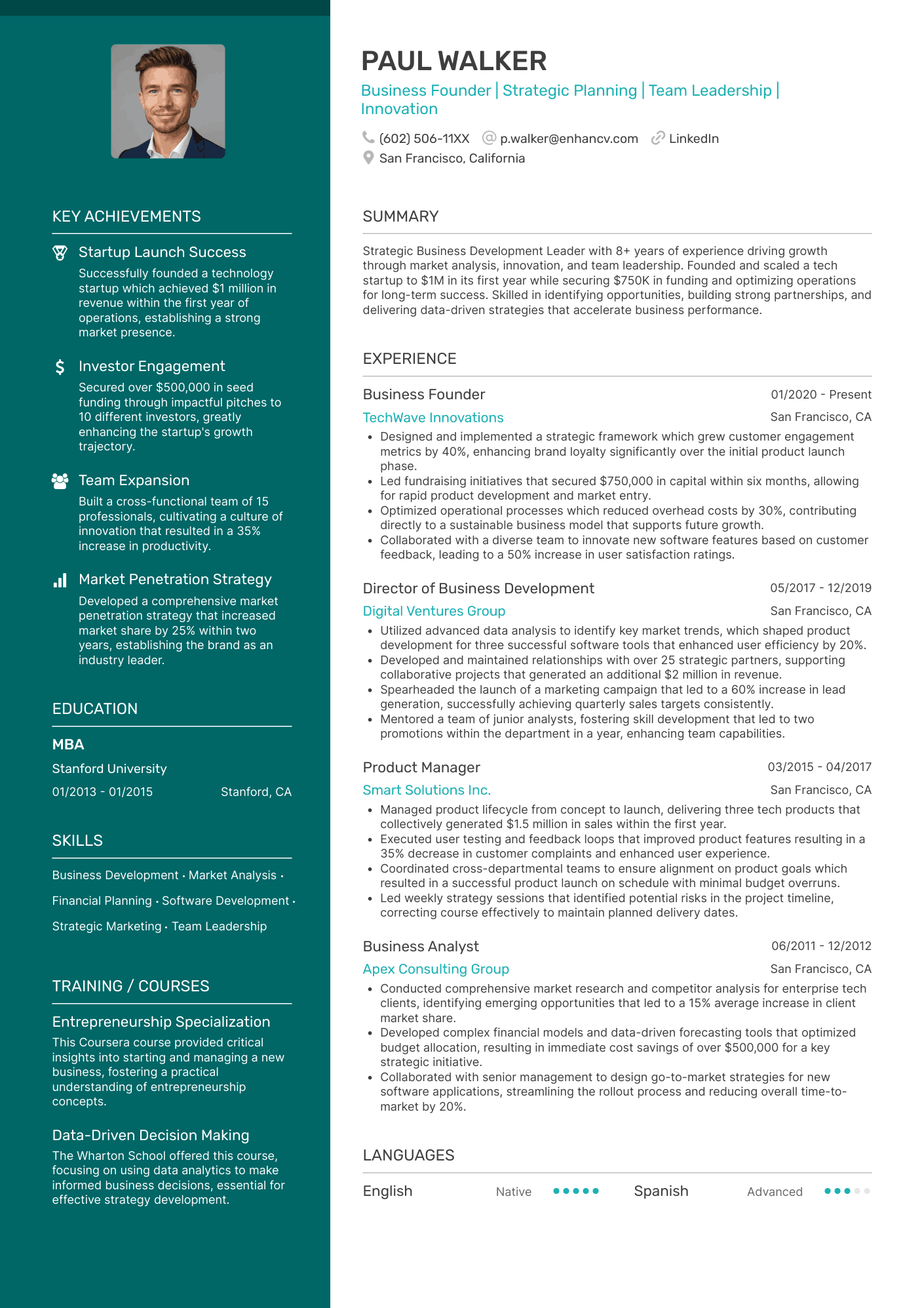 A rust-colored polished resume template A polished template with a focus on key achievements and skills. Red/rust colored left column for highlights.