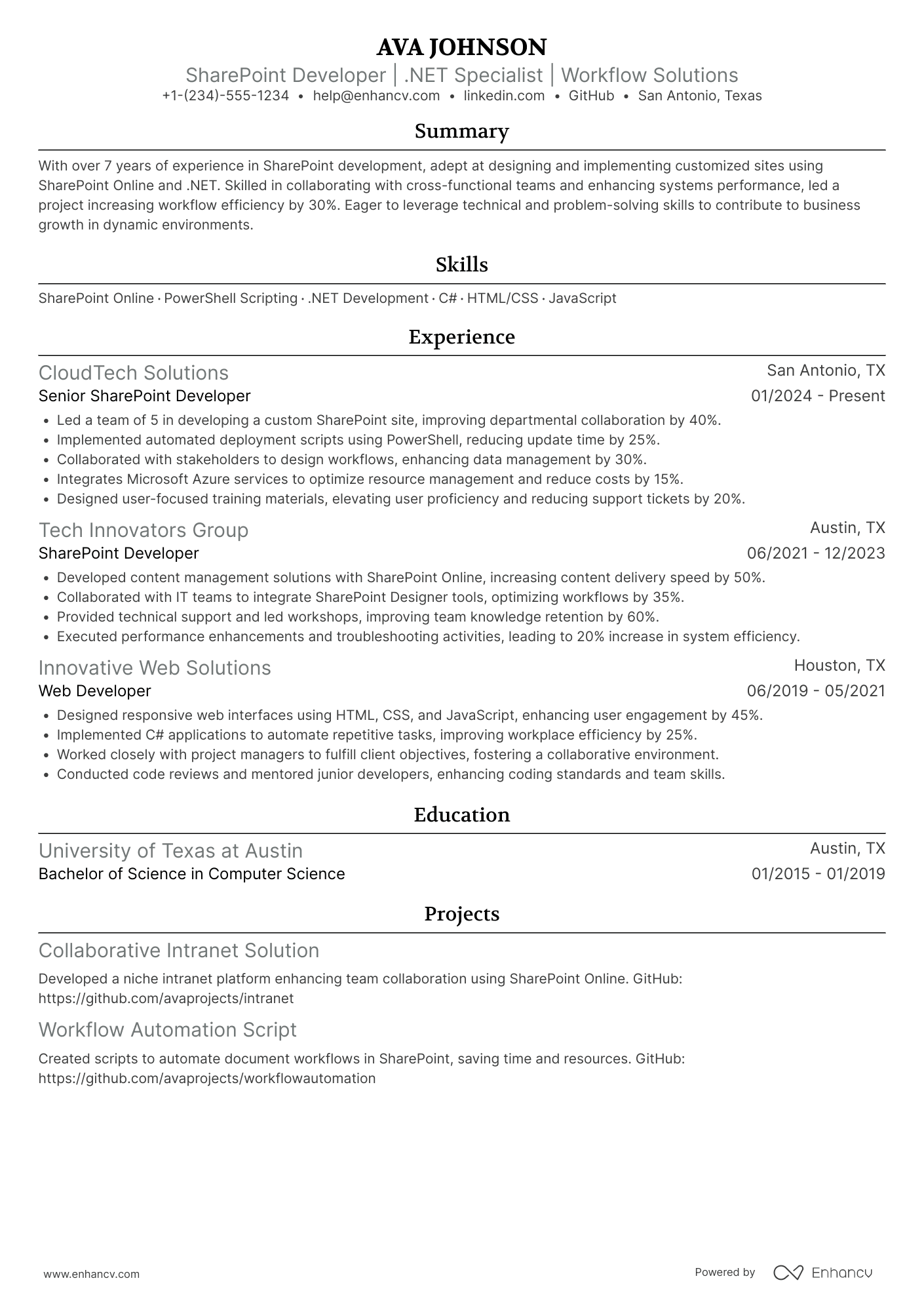 Sharepoint Developer resume example