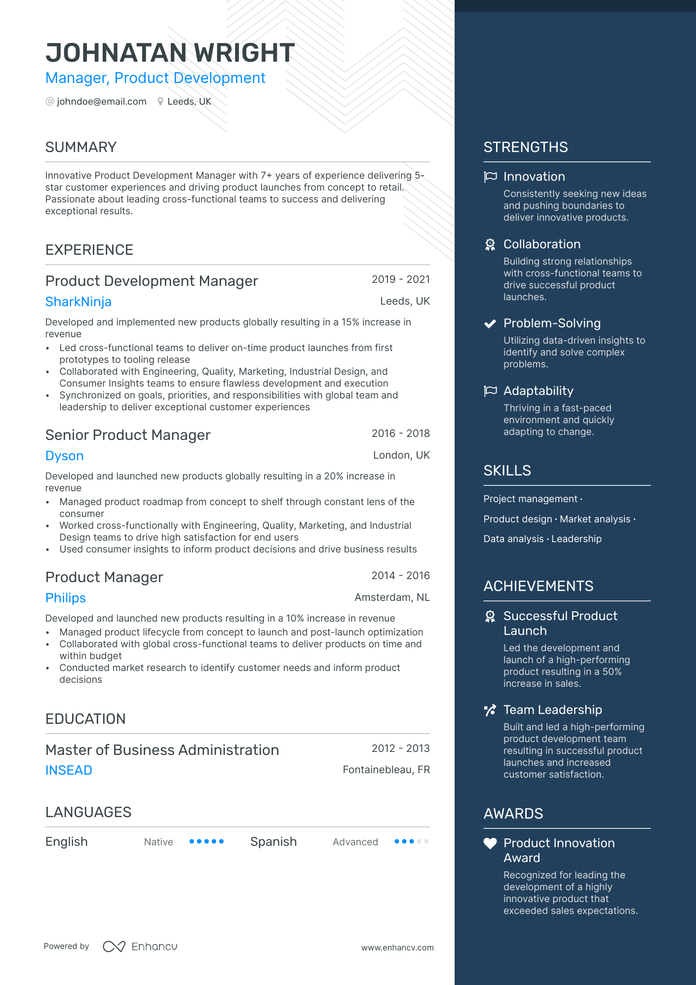 Product Development Manager resume example