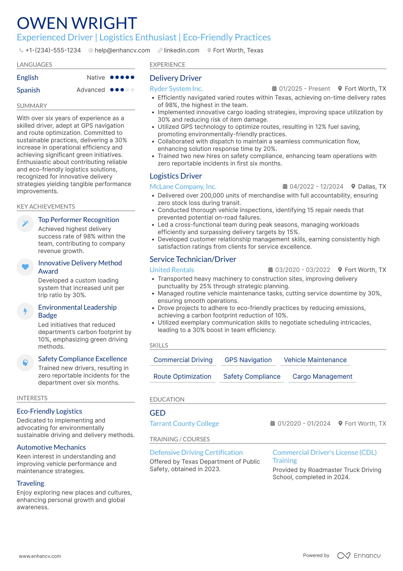 Driver resume example