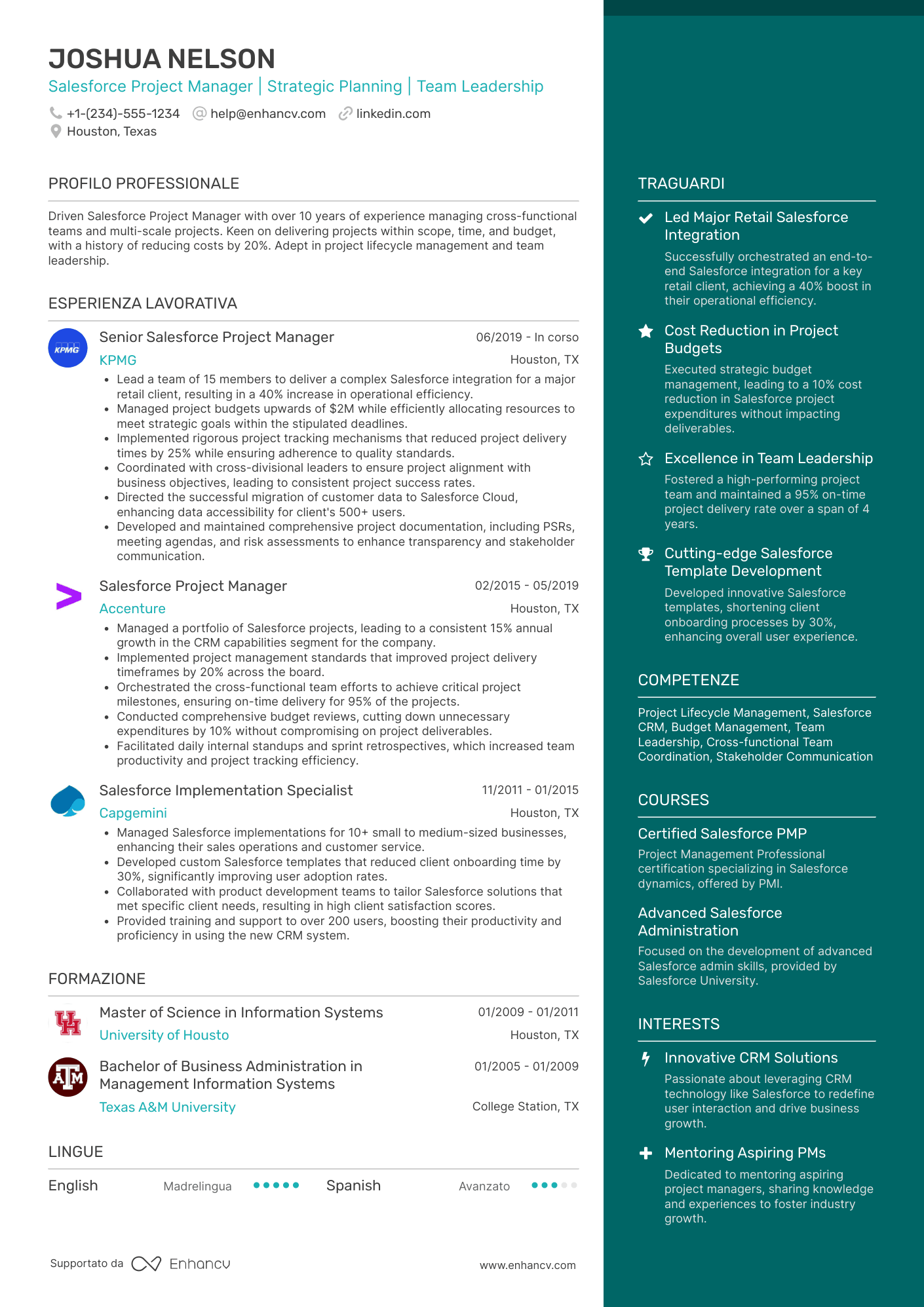 A two column resume template with a wider column for experience and a narrower, aqua colored column for your highlights.