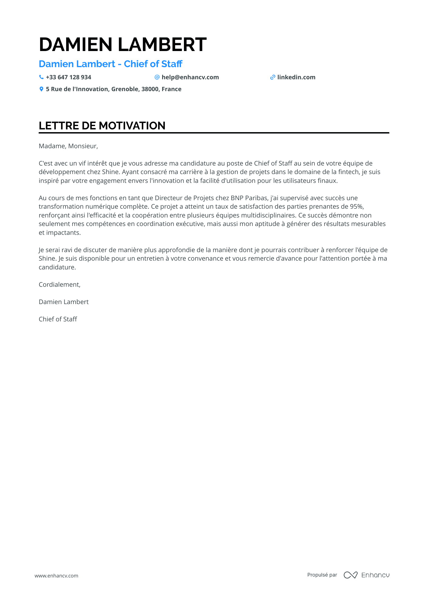 Cadre Exécutif Lettre de motivation
