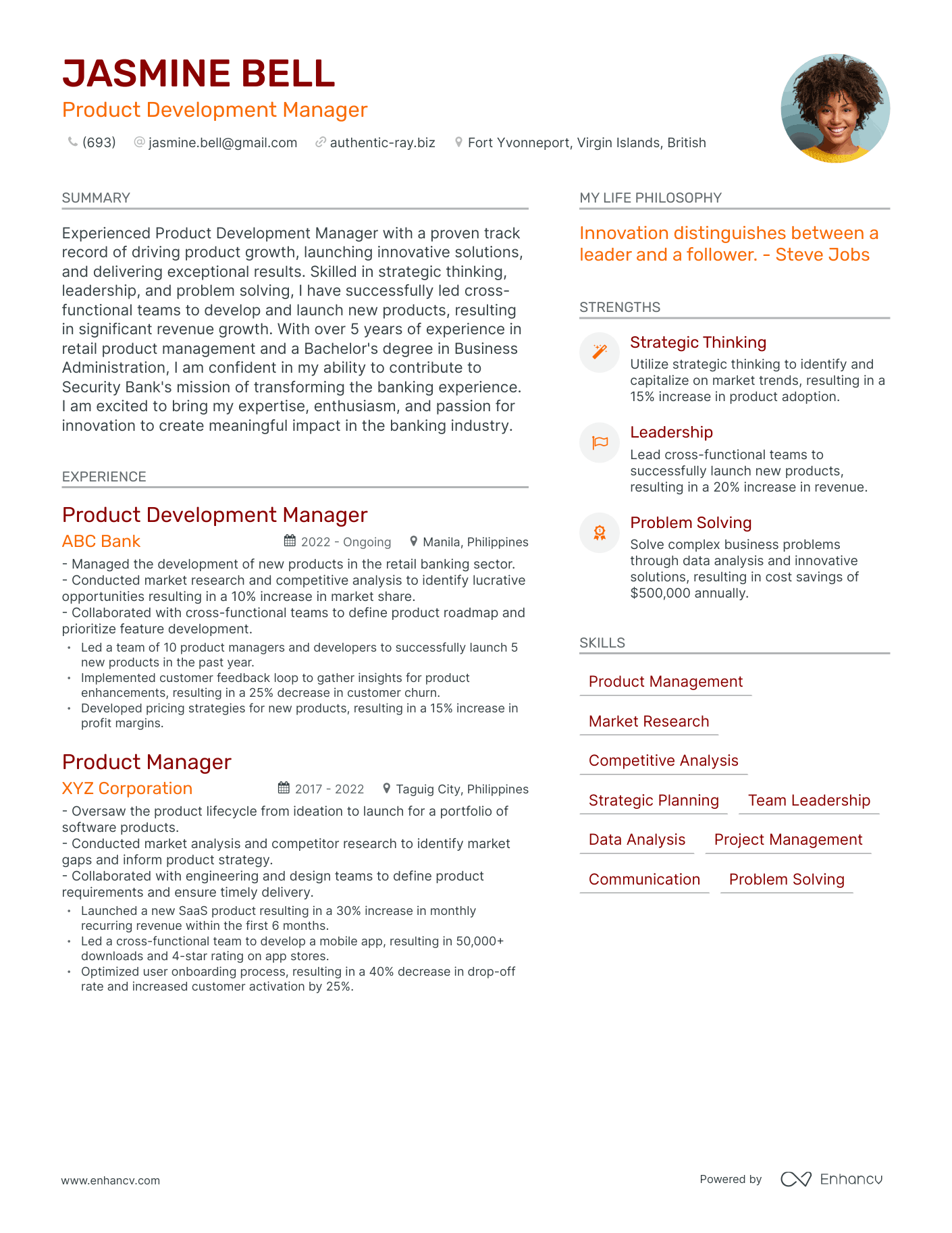 Modern Product Development Manager Resume Example