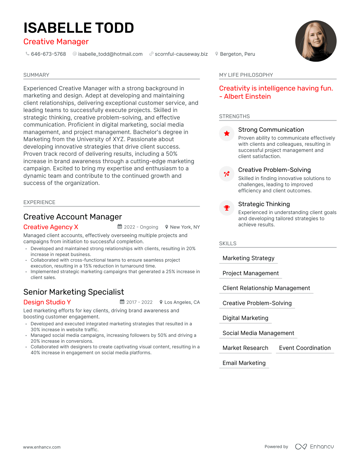 Modern Creative Manager Resume Example