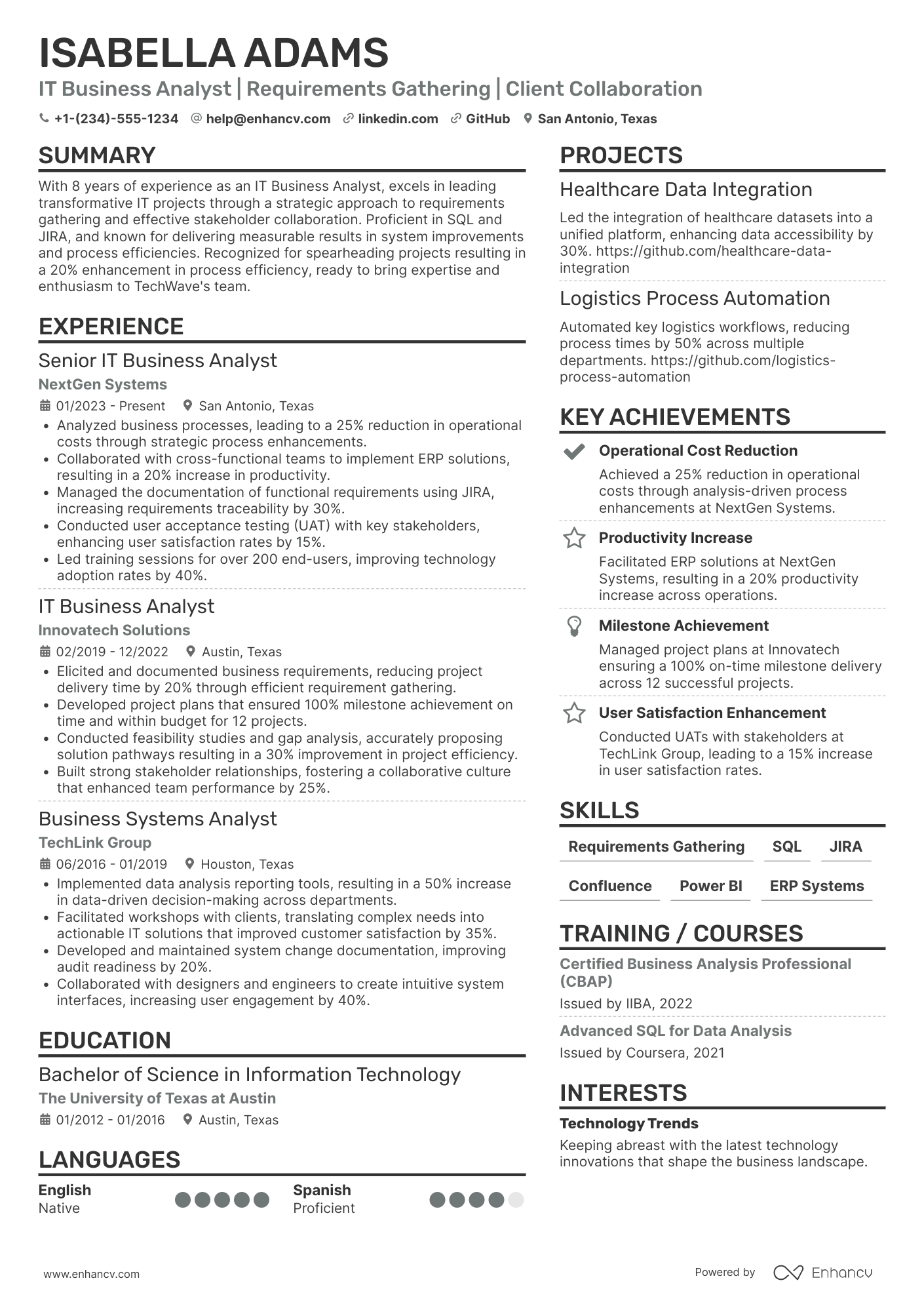 IT Business Analyst resume example