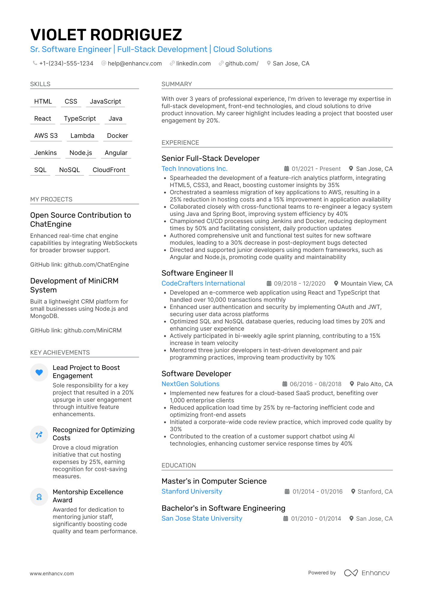 A double column resume template perfect for people with a lot of experience and skills. Blue accent color.