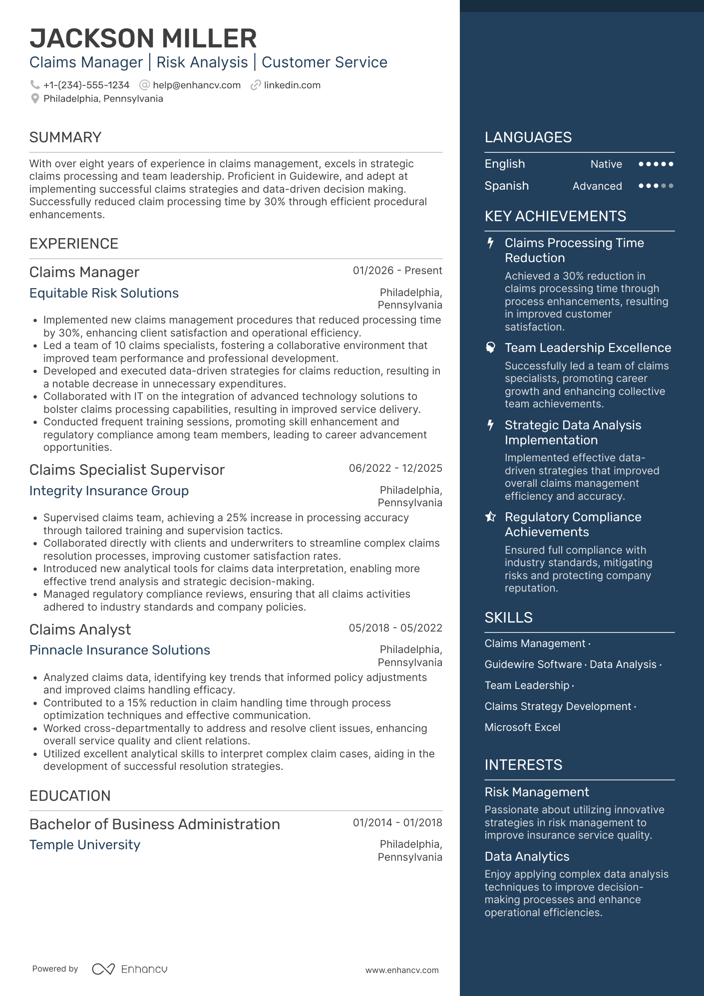 Claims Manager resume example