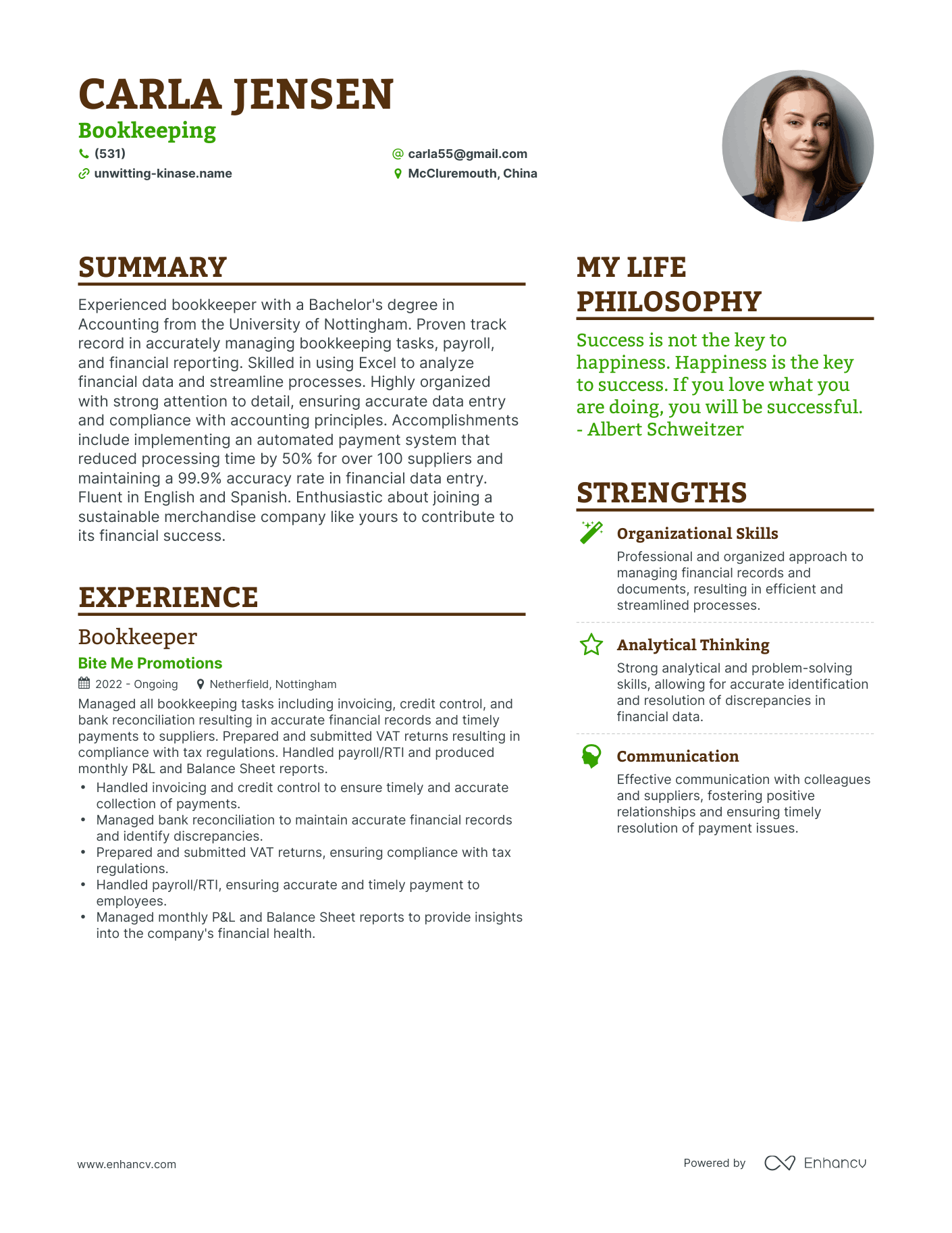Bookkeeping resume example