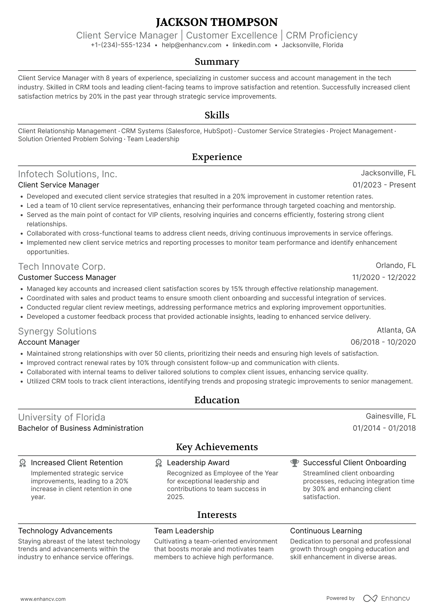 Client Service Manager resume example