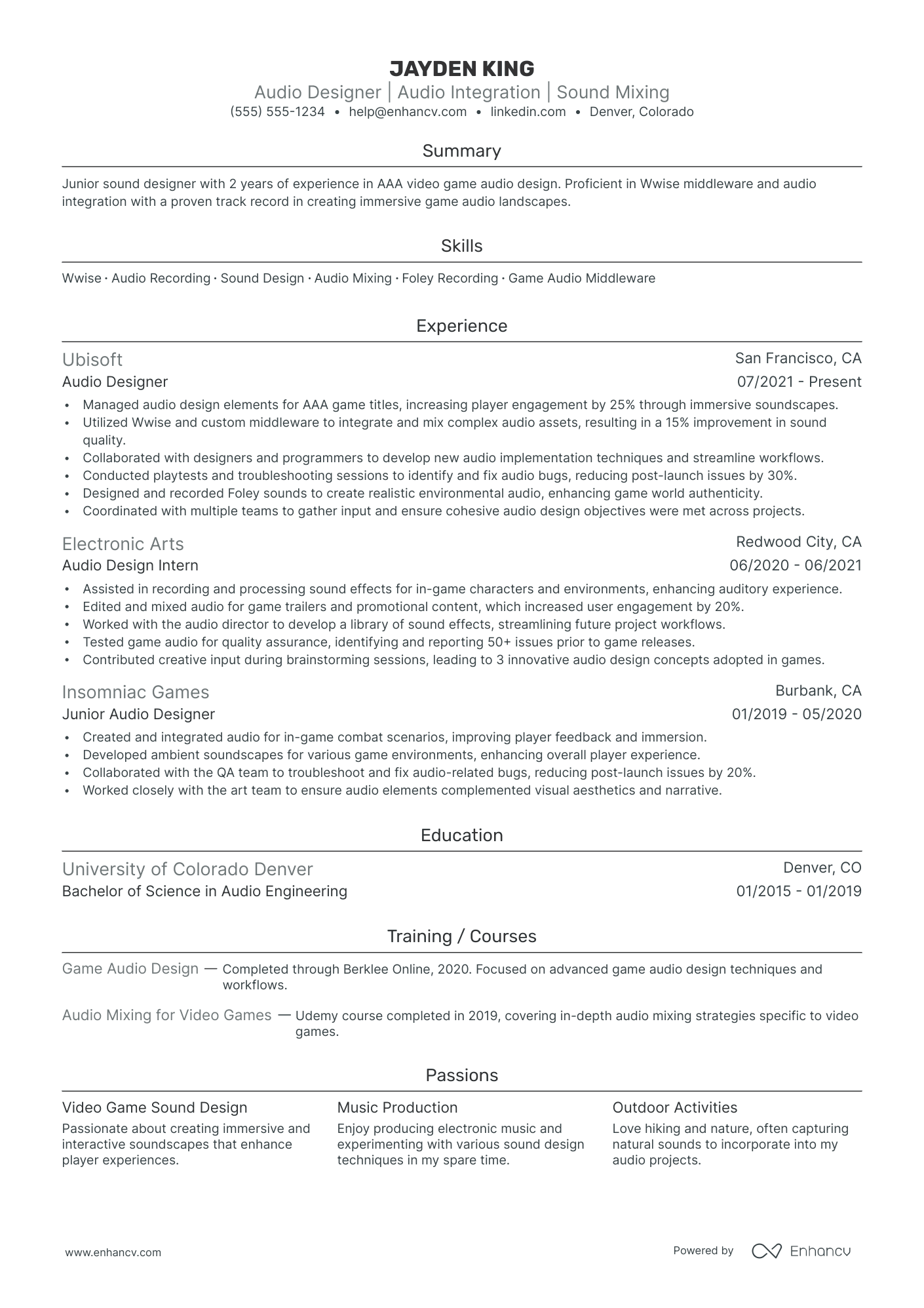 Senior Sound Designer resume example