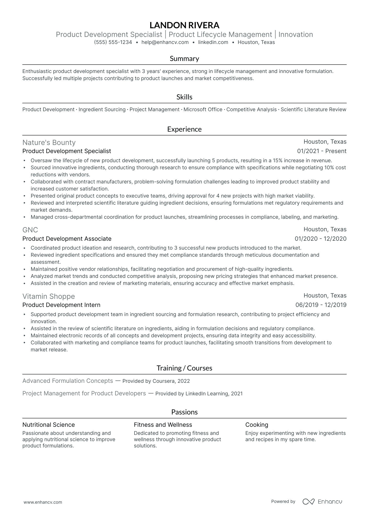 Product Development Specialist resume example