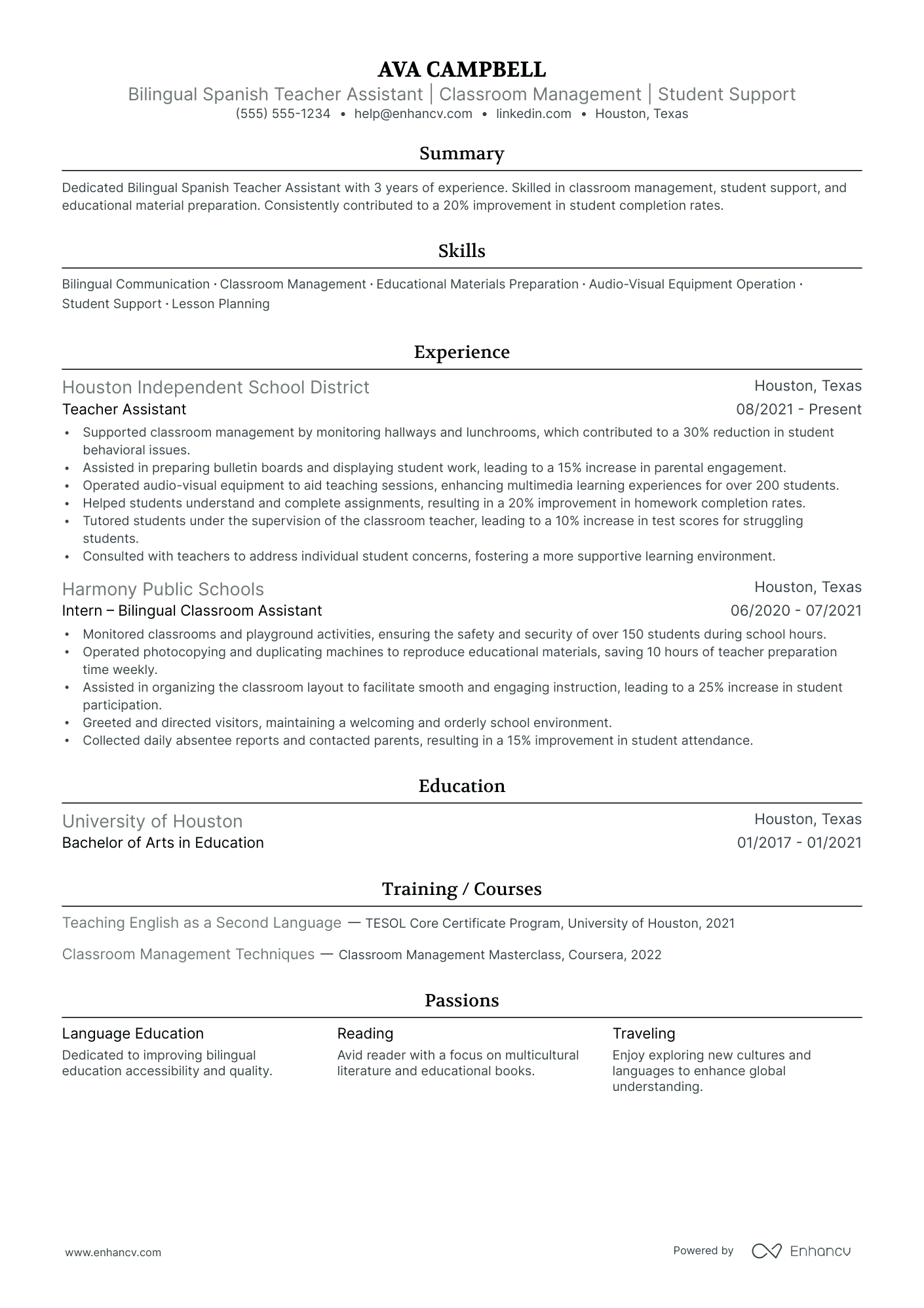 Bilingual Teacher Assistant resume example