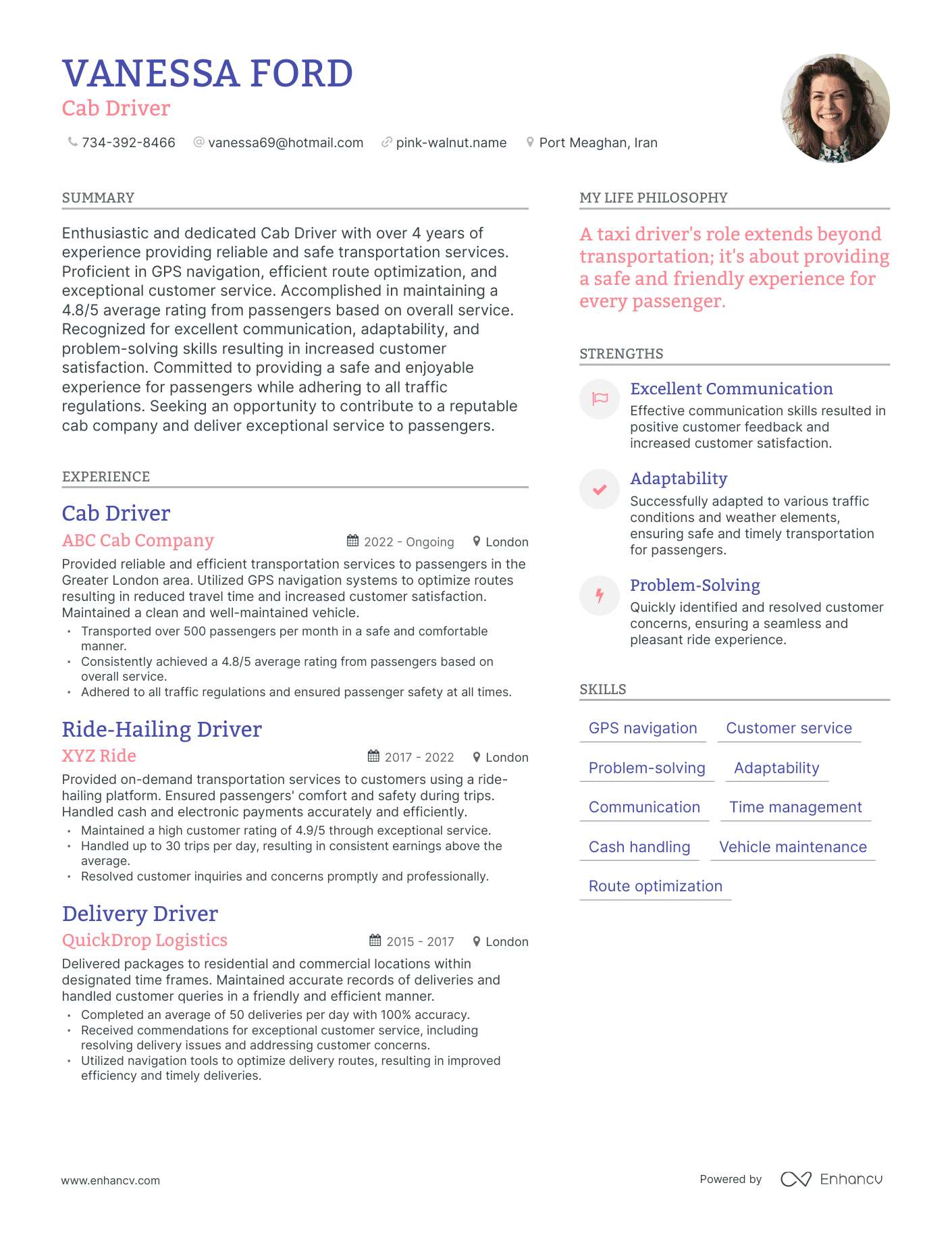 Modern Cab Driver Resume Example