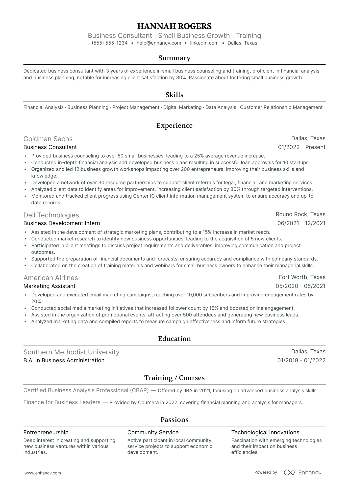 Small Business Consultant resume example