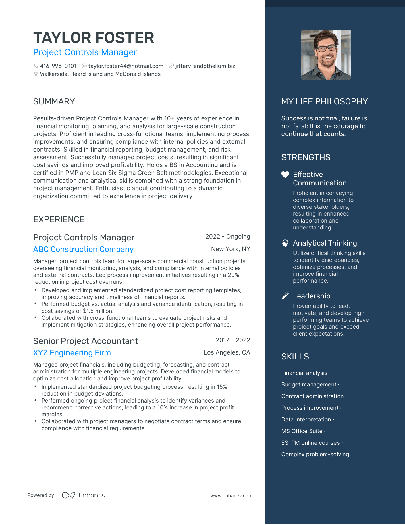 Modern Project Controls Manager Resume Example