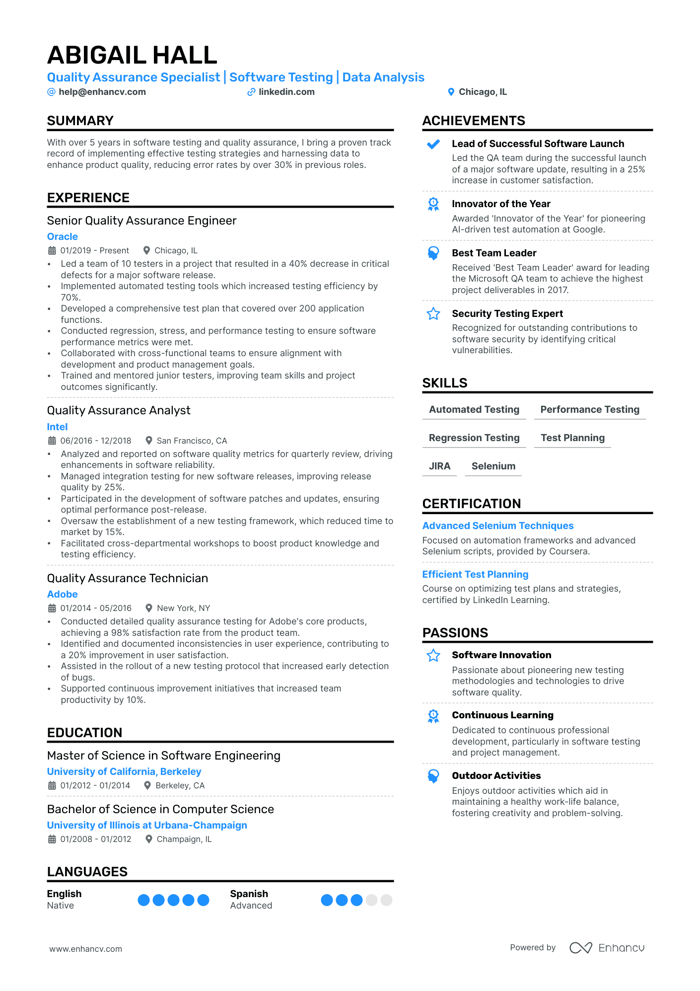 QA Tester resume example