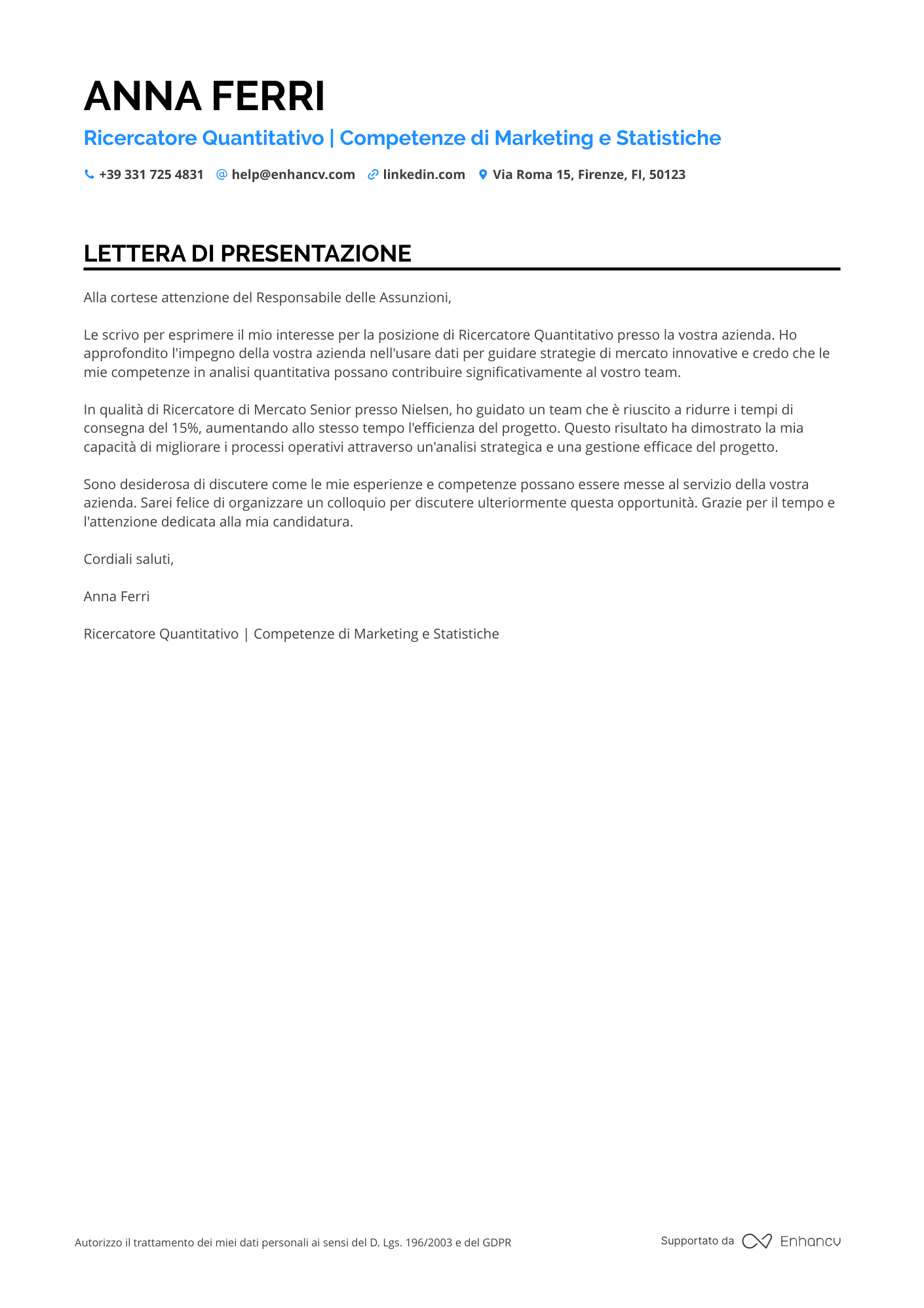 Neolaureato Lettera di presentazione