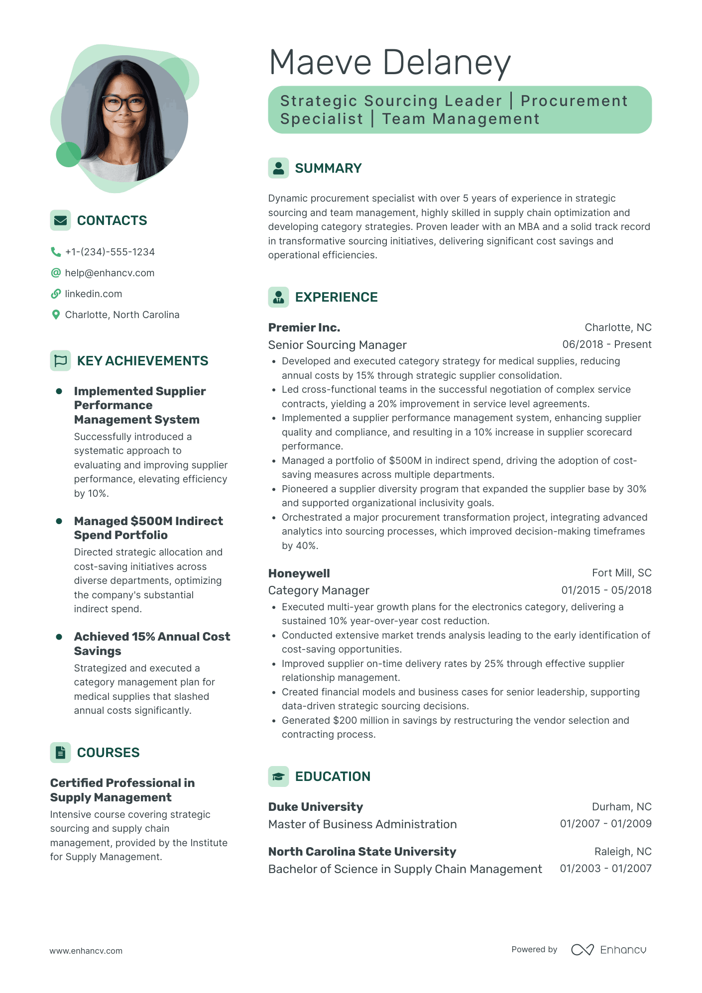 A contemporary resume template with green accent colors.