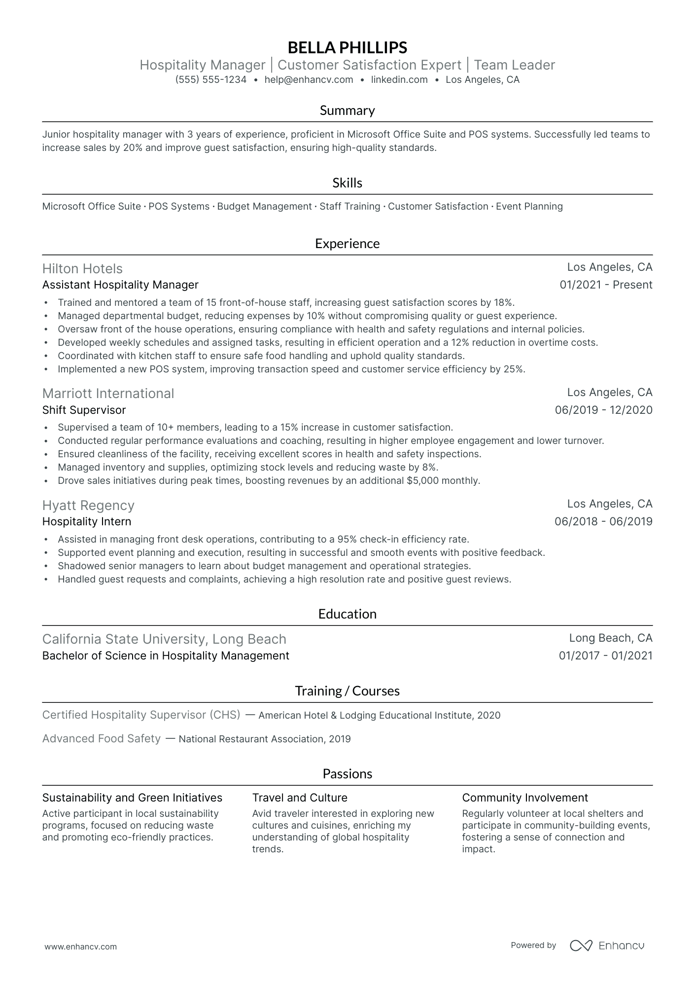 Hospitality Manager resume example