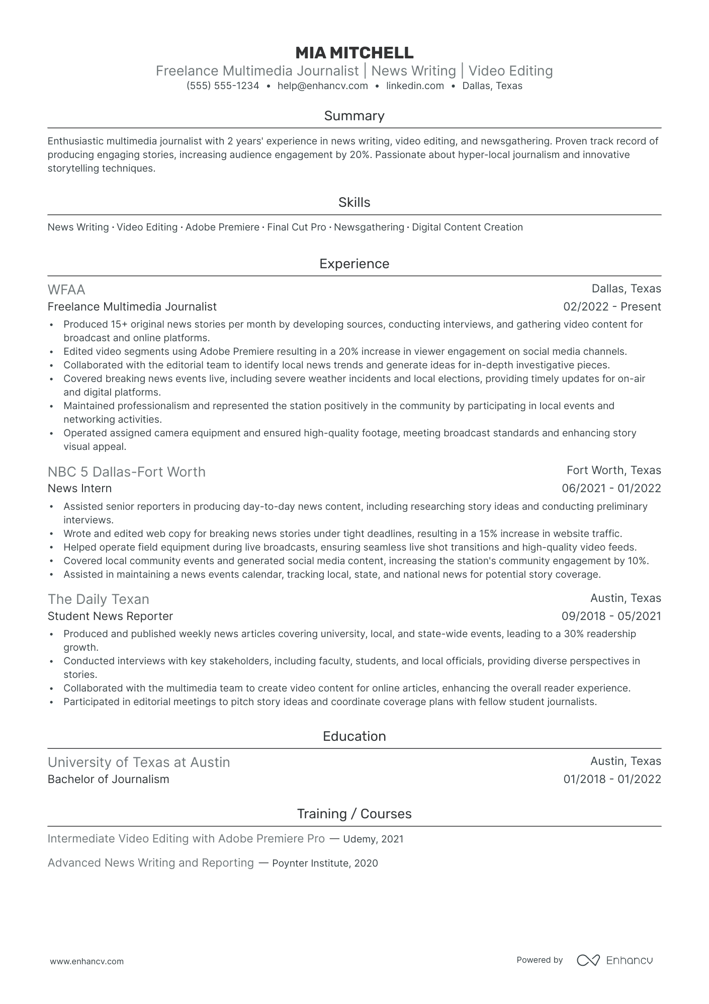 Freelance Journalist resume example