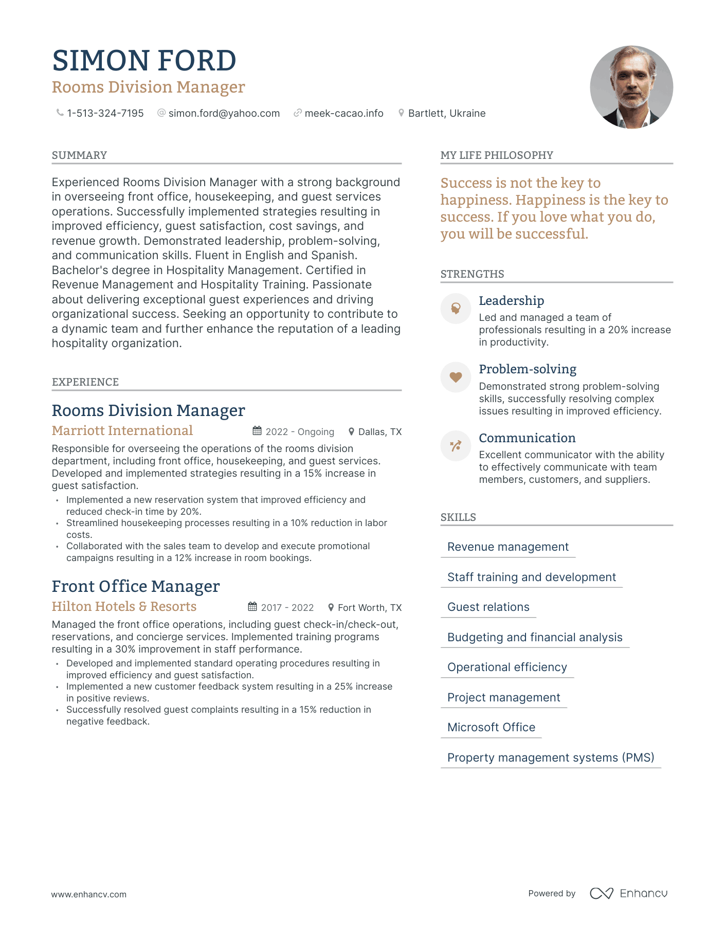 Rooms Division Manager resume example
