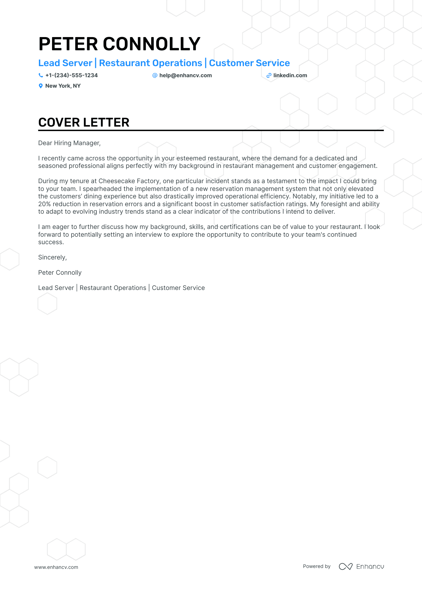 Lead Server cover letter