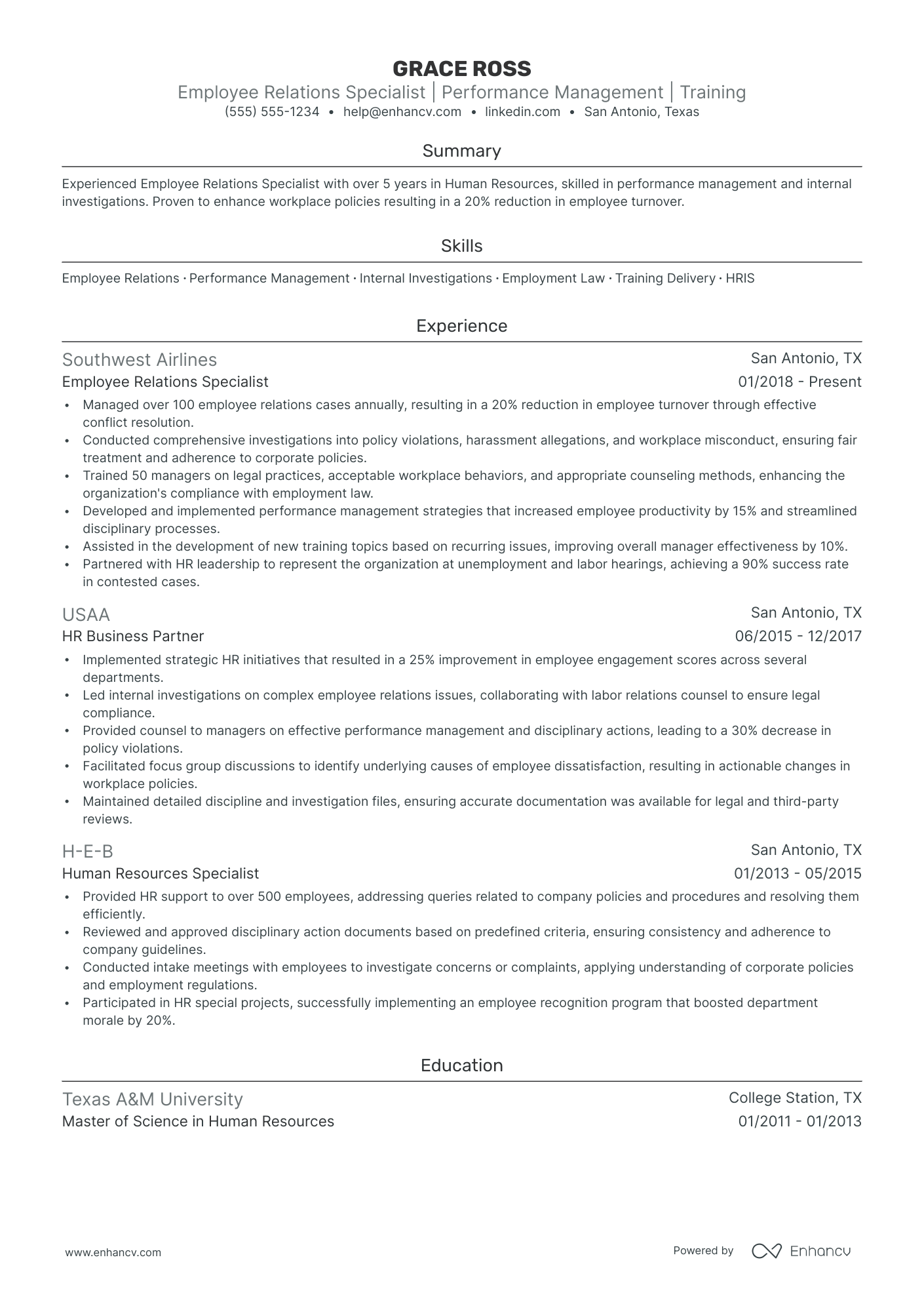 Junior Employee Relations Specialist resume example